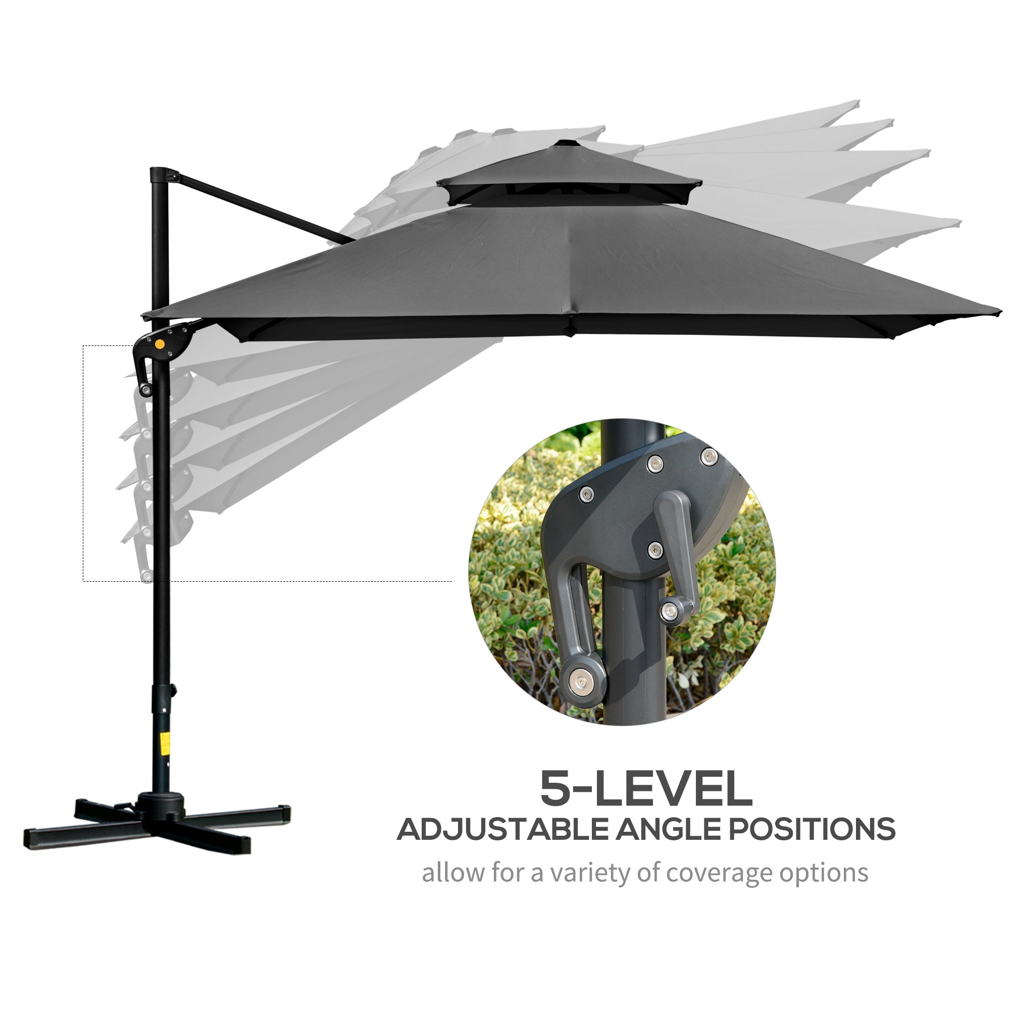 10' x 10' Cantilever Patio Umbrella, Double Top Square Offset Umbrella with 360° Rotation, 5 Adjustable Tilt Angles, Umbrella Cover, Aluminum Pole and Ribs, Charcoal Grey Cantilever Umbrellas at Gallery Canada