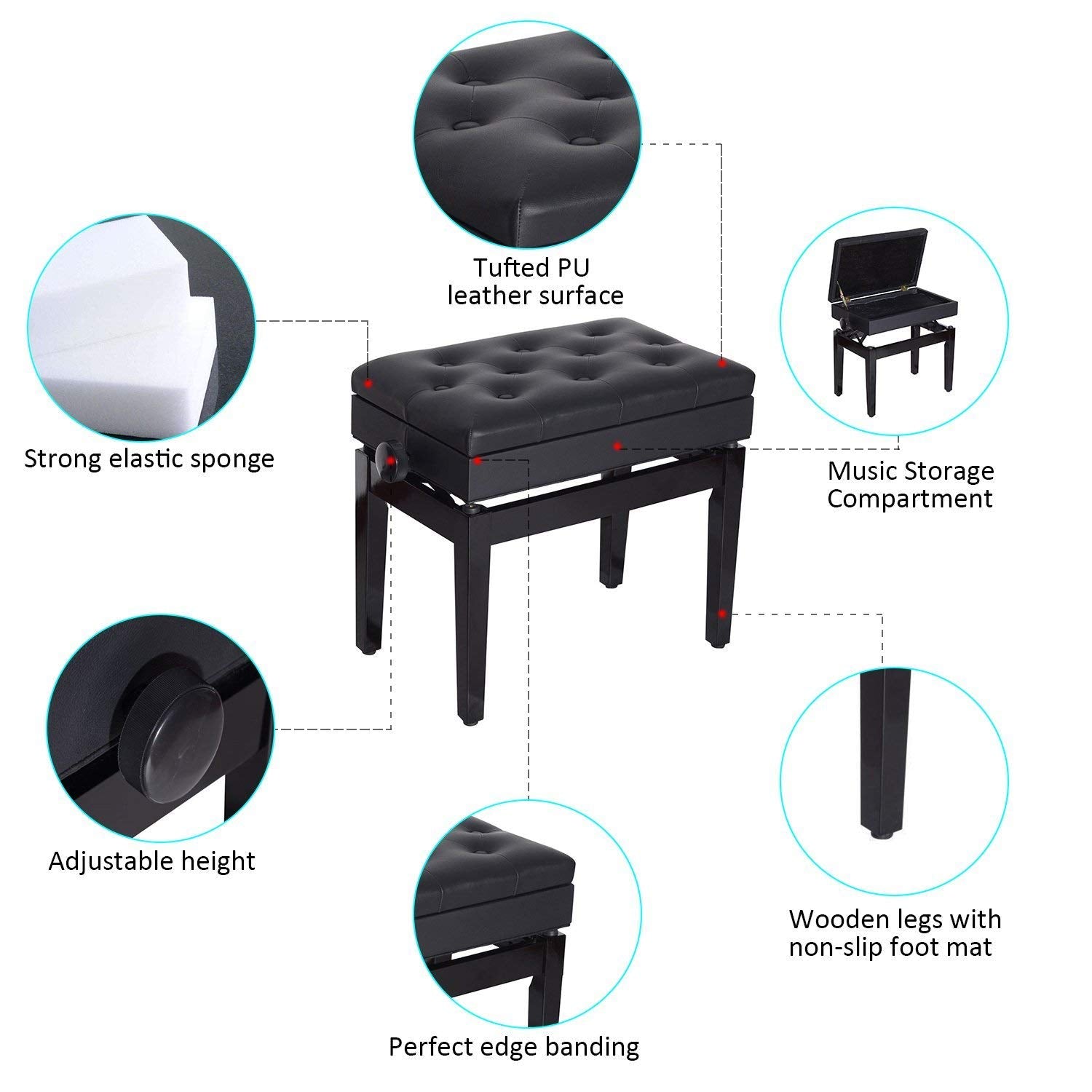 Adjustable Piano Bench with Storage and Soft PU Leather Padded, with Enough Music Storage Design, Black Piano Benches at Gallery Canada