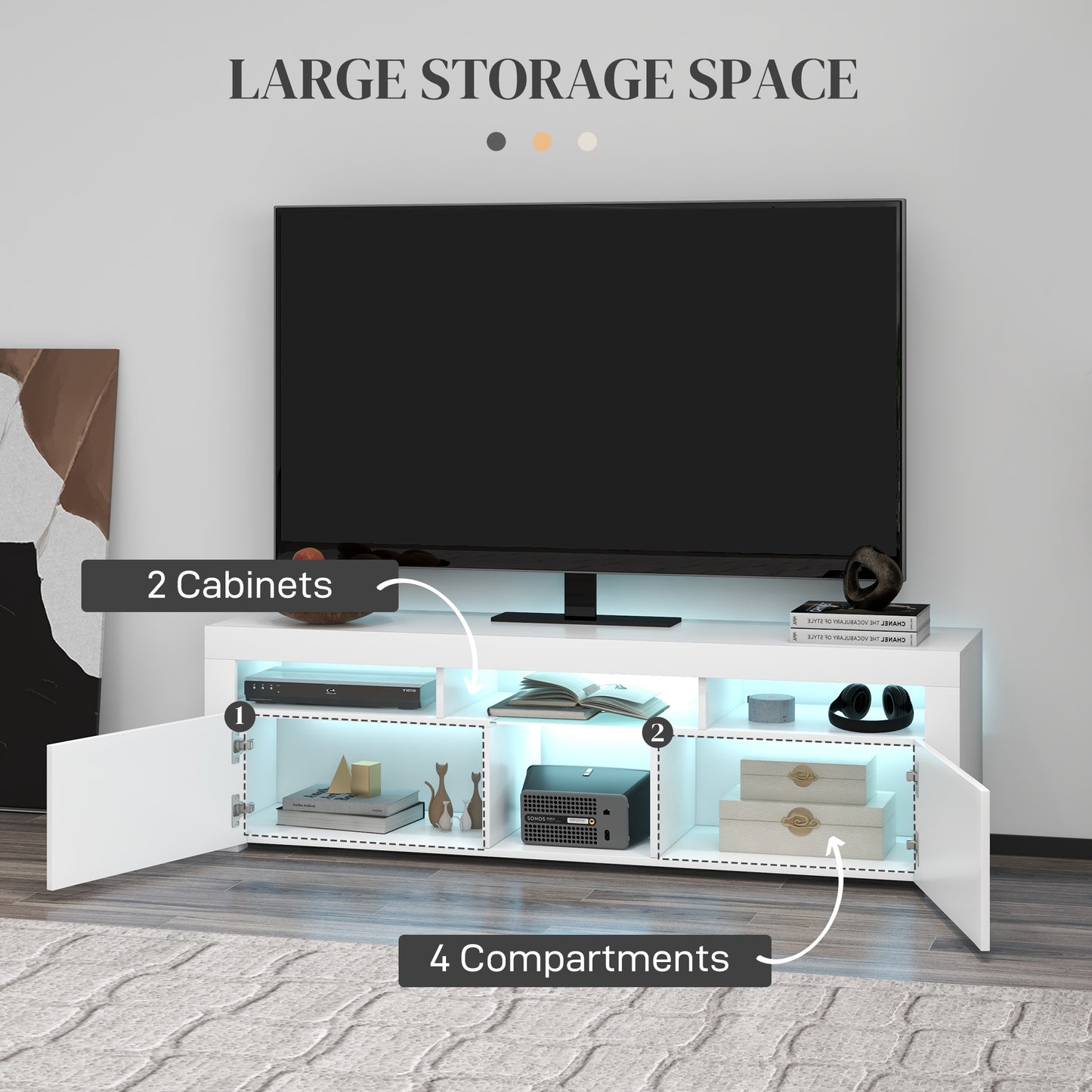 Modern TV Stand with Storage and LED Lights for TVs up to 55", TV Cabinet with Open Compartments, High Gloss White TV Stands   at Gallery Canada