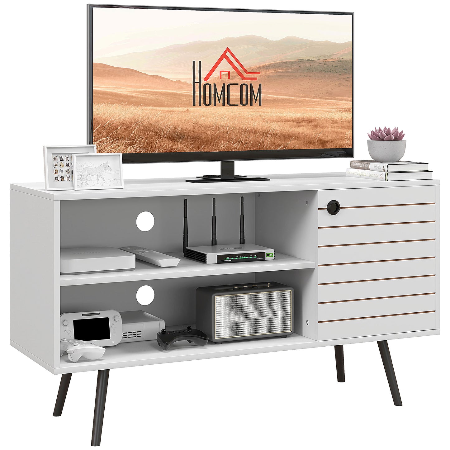 TV Stand Cabinet for 50-Inch, TV Table with Charging Station, Television Stand with Open Shelves, Door and Cable Holes TV Stands   at Gallery Canada