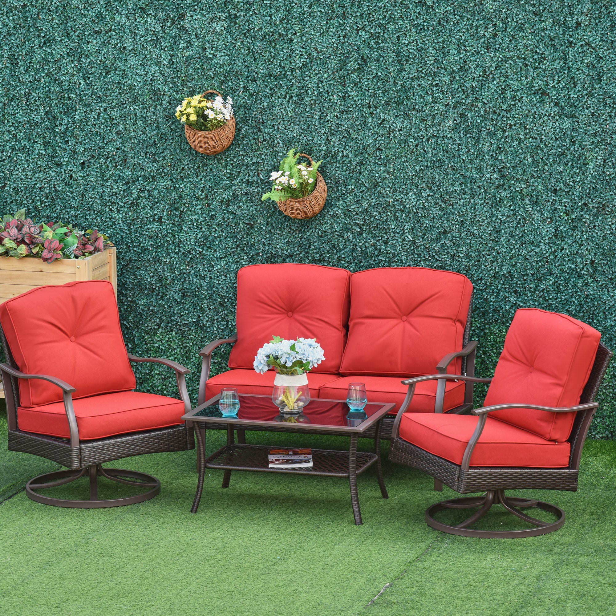 4 PCS Patio PE Rattan Wicker Sofa Set Outdoor Conversation Furniture w/ Two Tier Tea Table &; Cushions, Red Patio Furniture Sets at Gallery Canada
