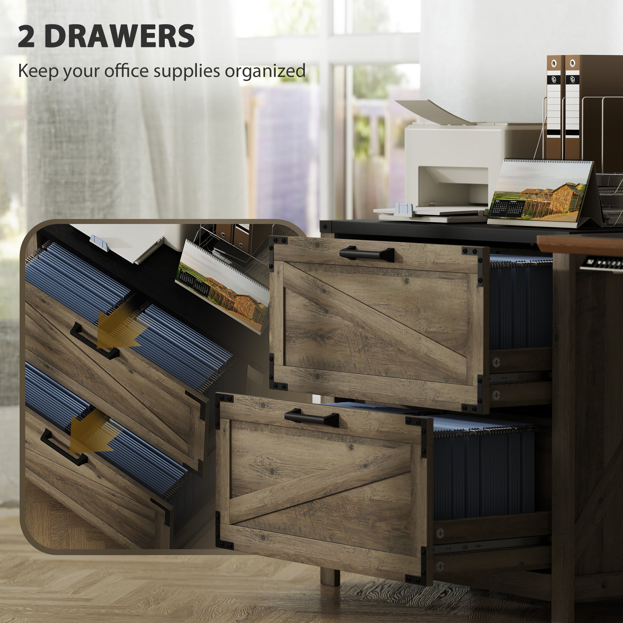 2 Drawer Filing Cabinet, Farmhouse Office Storage Cabinet with Adjustable Hanging Bars for Letter, A4, Legal Size, Grey Office Cabinets & Cupboards at Gallery Canada