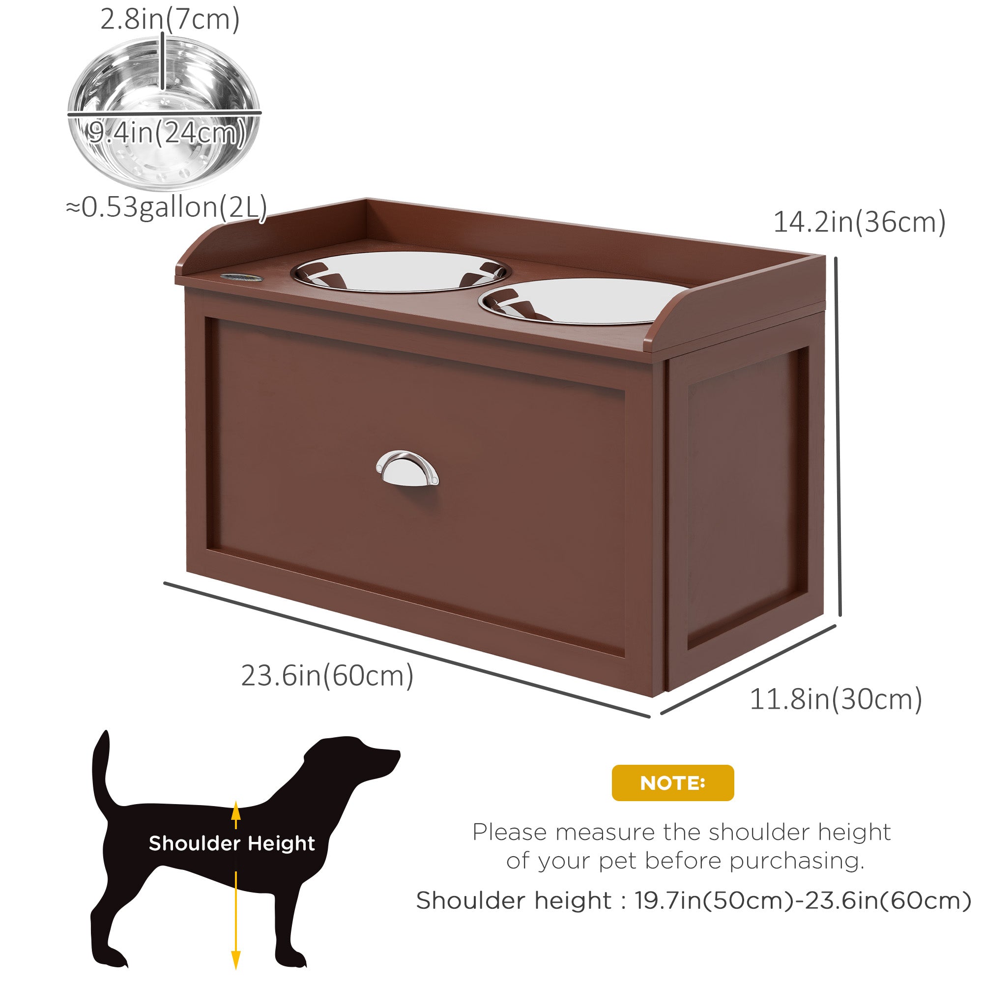 Elevated Dog Bowls Raised Pet Feeding Station with Storage 2 Stainless Steel Bowls, 23.6