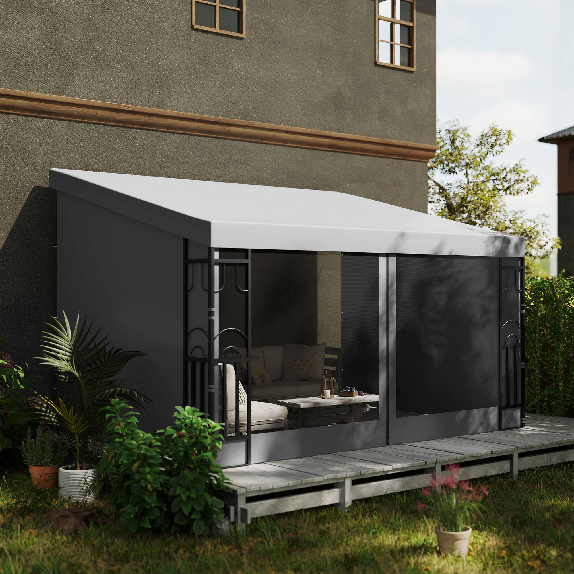 10' x 13' Wall Pergola, Outdoor Gazebo with 2 Curtains and 2 Nettings, UV Resistant, for Patio, Deck, Light Grey Pergolas at Gallery Canada