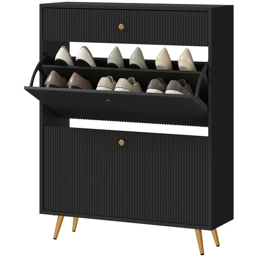 Narrow Shoe Storage Cabinet with Wave-like Panels and Adjustable Shelves for 12 Pairs of Shoes, Black Shoe Storage Cabinets & Racks at Gallery Canada