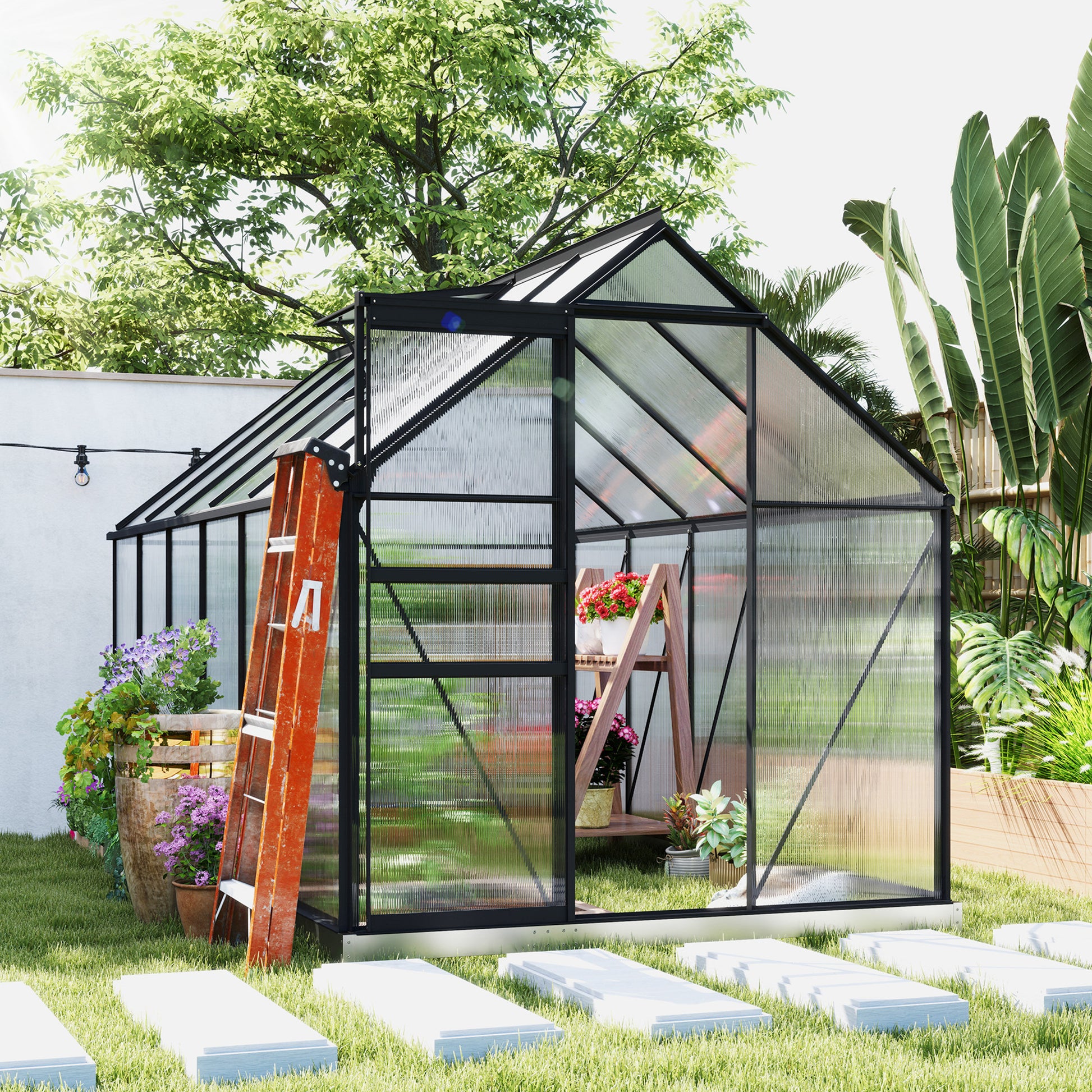 6' x 12' x 6.5' Polycarbonate Greenhouse, Walk-in Green House with Adjustable Roof Vent Galvanized Base Sliding Door Rain Gutter for Outdoor Garden Backyard, Charcoal Grey Walk In Greenhouses at Gallery Canada