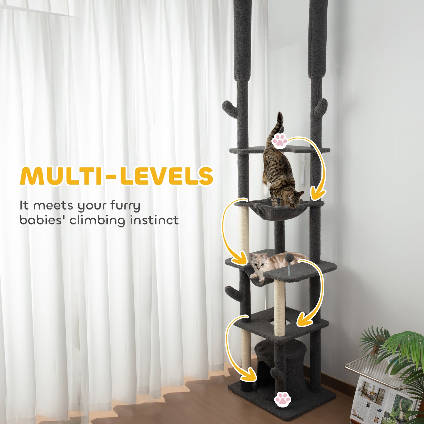 89"-100" Floor to Ceiling Cat Tree Cat Tower for Large Cats w/ Scratching Posts, Grooming Brush Post, Cat Condo, Grey Floor to Ceiling Cat Trees   at Gallery Canada