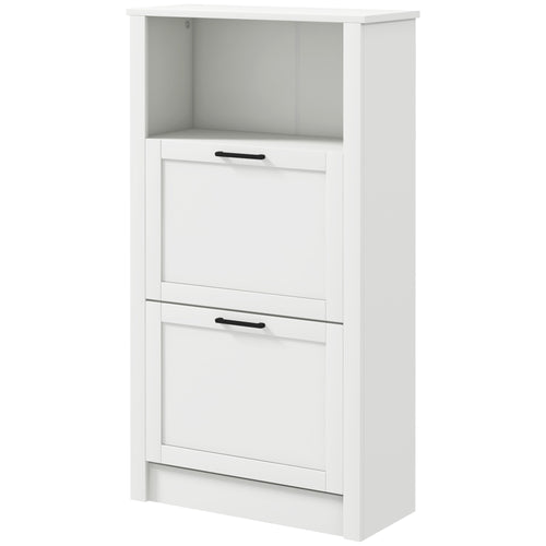 Narrow Shoe Cabinet with Open Shelf and 2 Flip Drawers for 10 Pairs of Shoes, for Entryway, Hallway, White