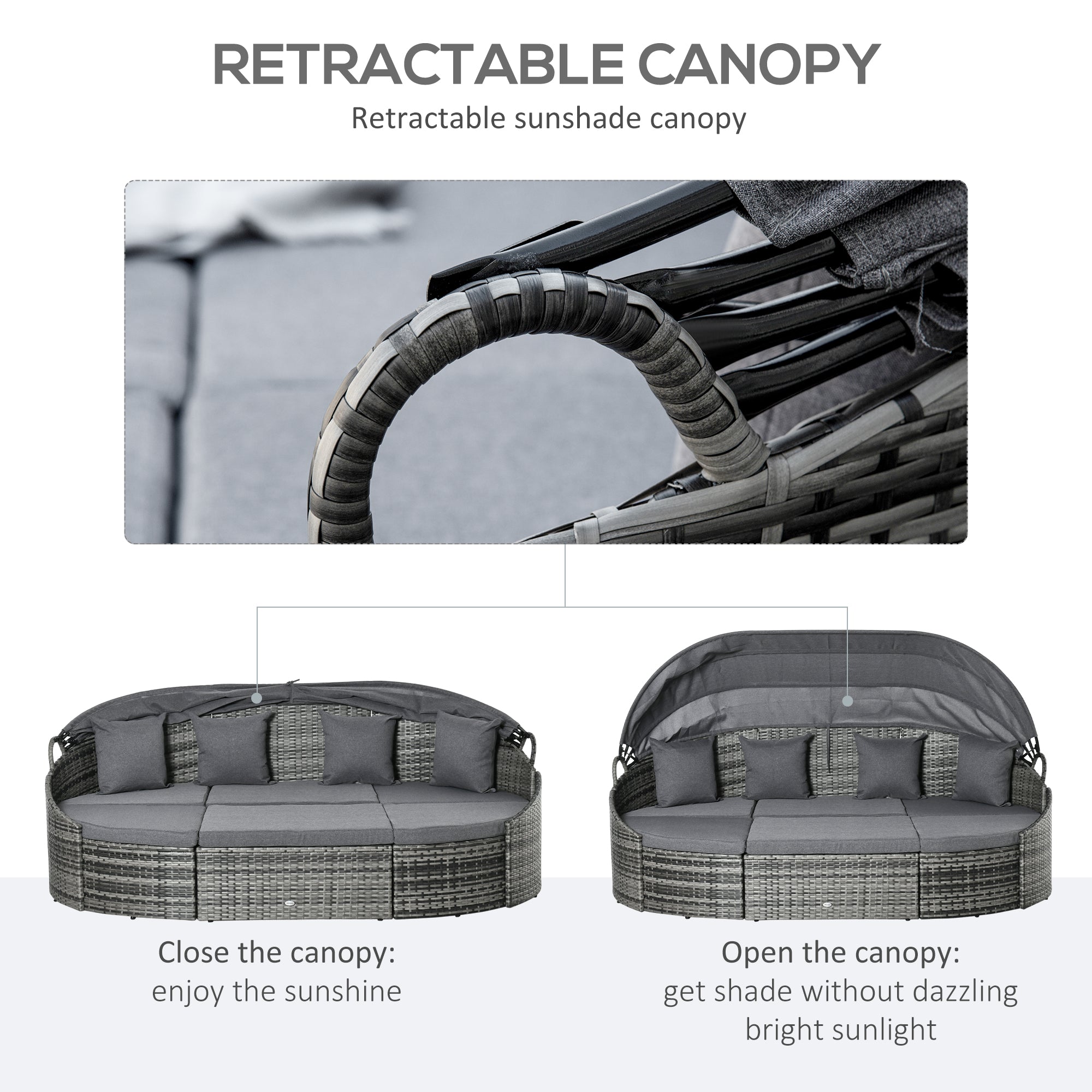 4 Pieces Patio PE Wicker Round Daybed, Outdoor Rattan Garden Lounge Furniture Sets, Grey Daybeds   at Gallery Canada