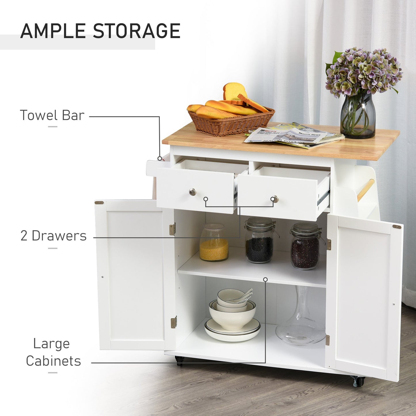 Rolling Kitchen Island Trolley Storage Cart with Rubber Wood Top, 3-Tier Spice Rack, Towel Rack Home Kitchen Carts, White Kitchen Islands & Kitchen Carts   at Gallery Canada