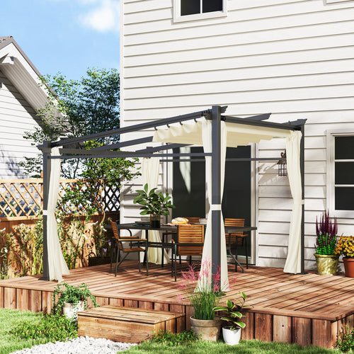Metal Pergola with Sliding Roof Canopy, Retractable Pergola Canopy, 10' x 10', Beige