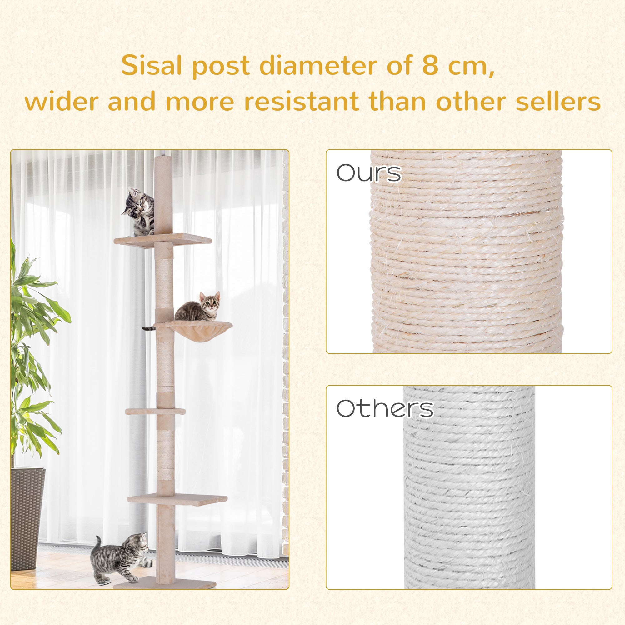 8.5ft Cat Climbing Tree 5-Tier Kitty Activity Center with Scratching Post Beige Floor to Ceiling Cat Trees at Gallery Canada