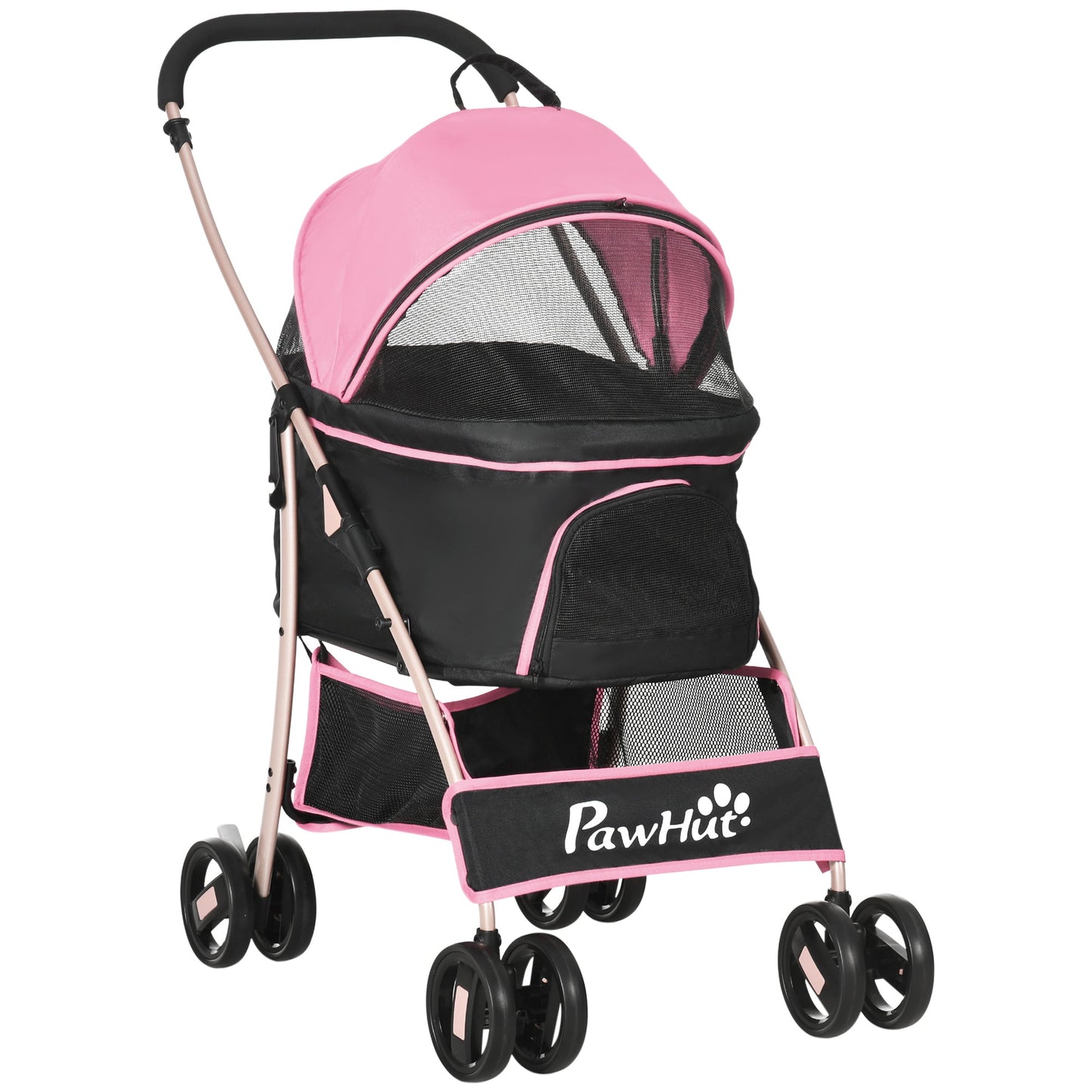 4 Wheels Pet Stroller, 3 in 1 Dog Cat Travel Folding Carrier, for Small Dogs, Detachable, w/ Brake, Canopy, Basket, Storage Bag - Pink Dog Bike Trailers & Strollers Pink  at Gallery Canada