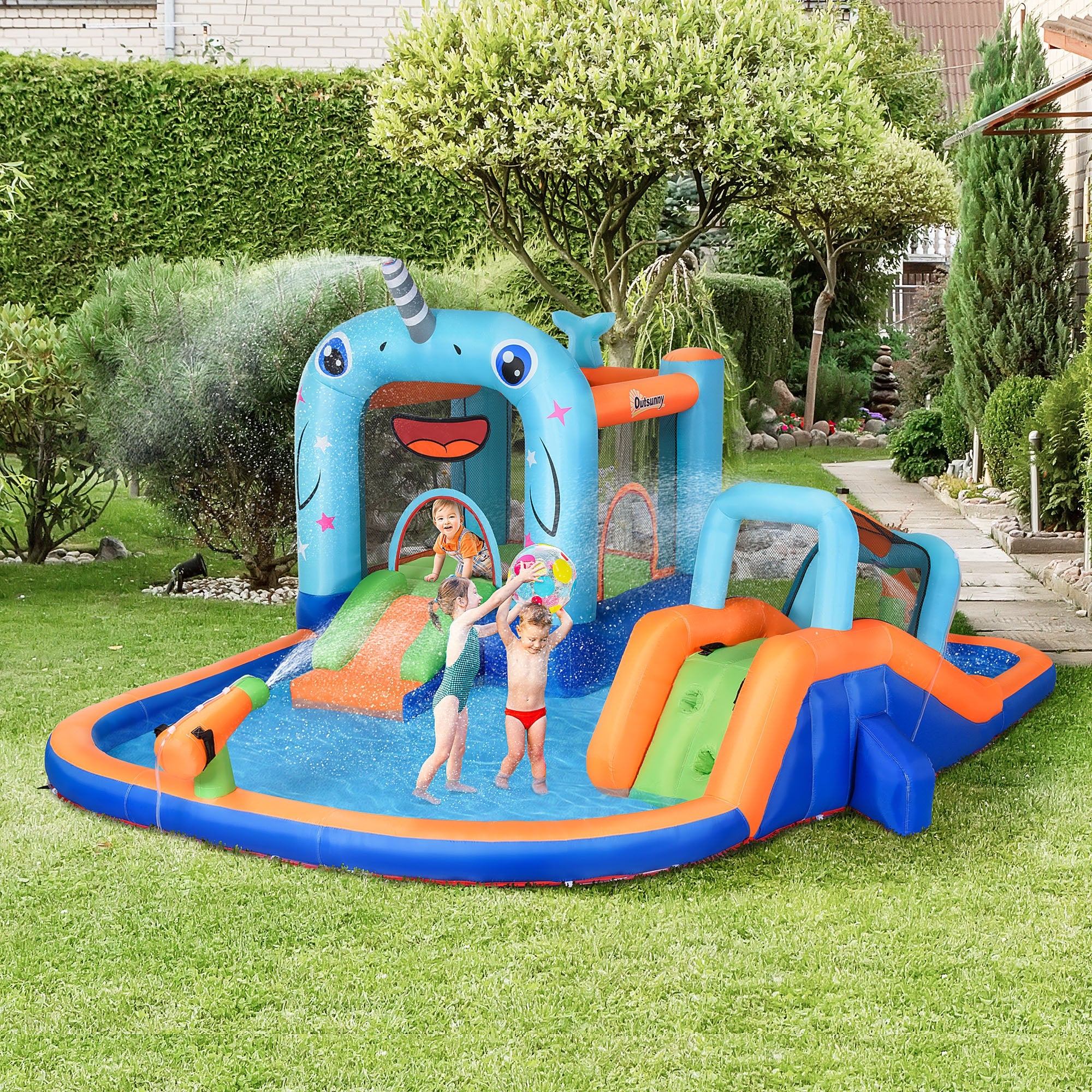 Narwhals 5-in-1 Inflatable Water Slide Bounce House with Pool & Air Blower Inflatables   at Gallery Canada