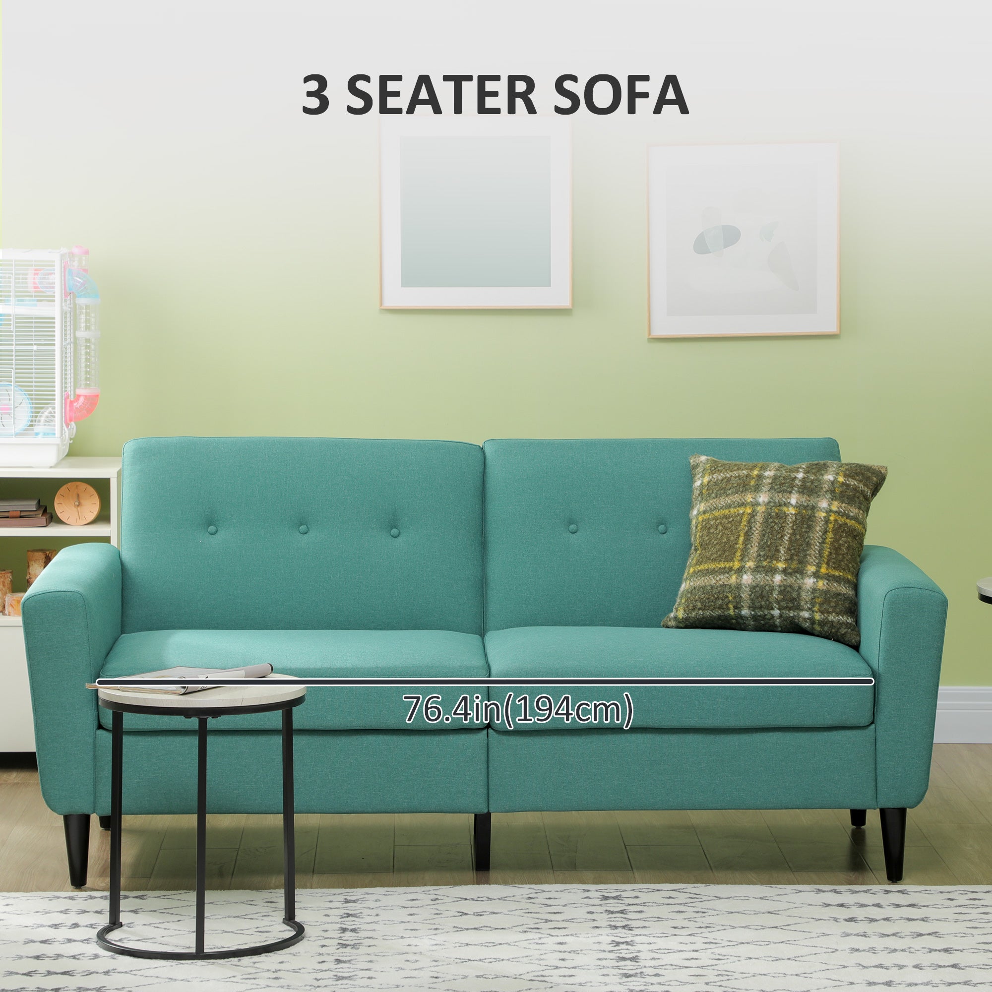 3 Seater Sofa, Upholstered Couch for Bedroom, Modern Sofa Settee with Padded Cushion, Button Tufting and Wood Legs for Living Room, Green 3-Seater Sofas   at Gallery Canada