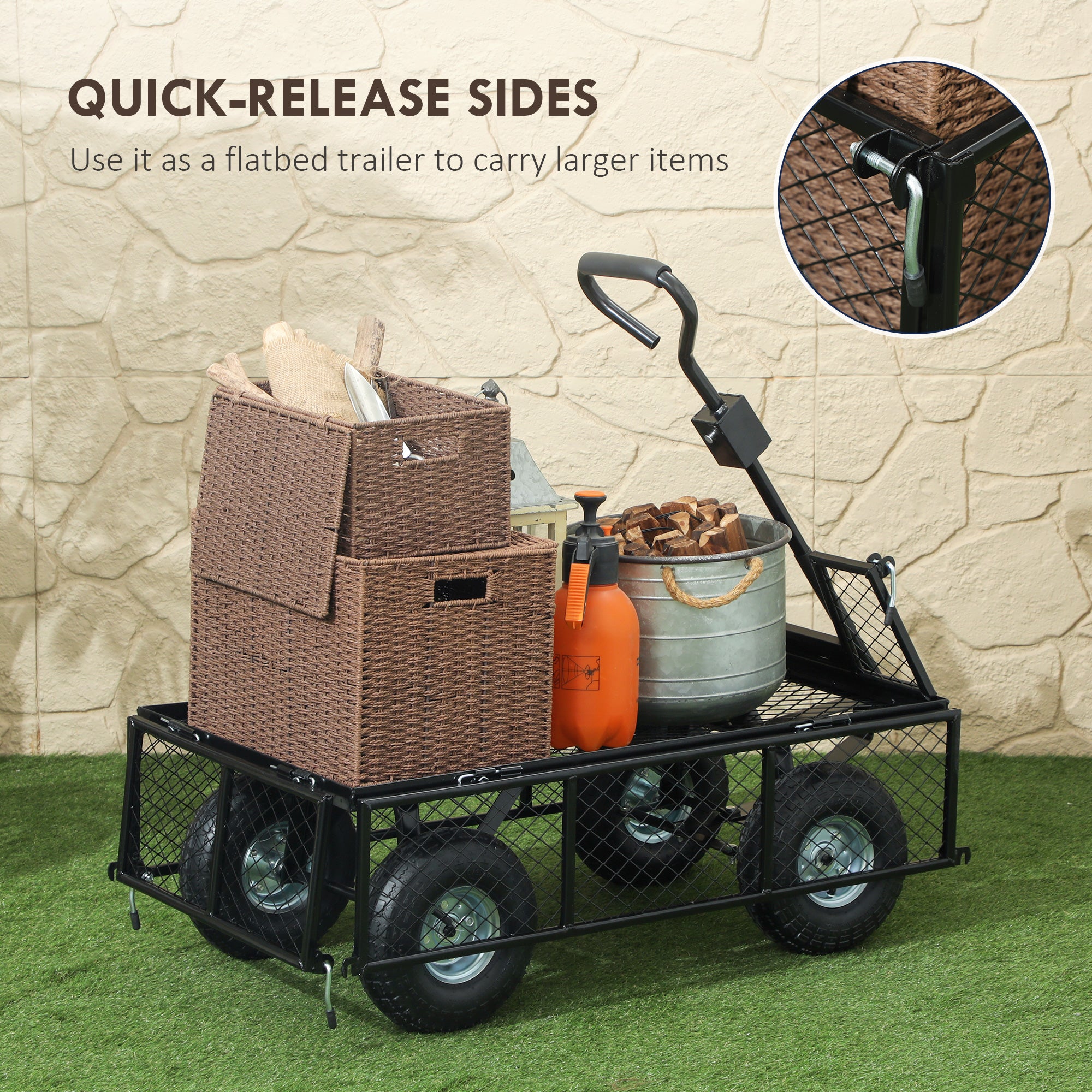 Steel Garden Cart, Utility Wagon Cart with Removable Liner, Quick-Release Sides, 10