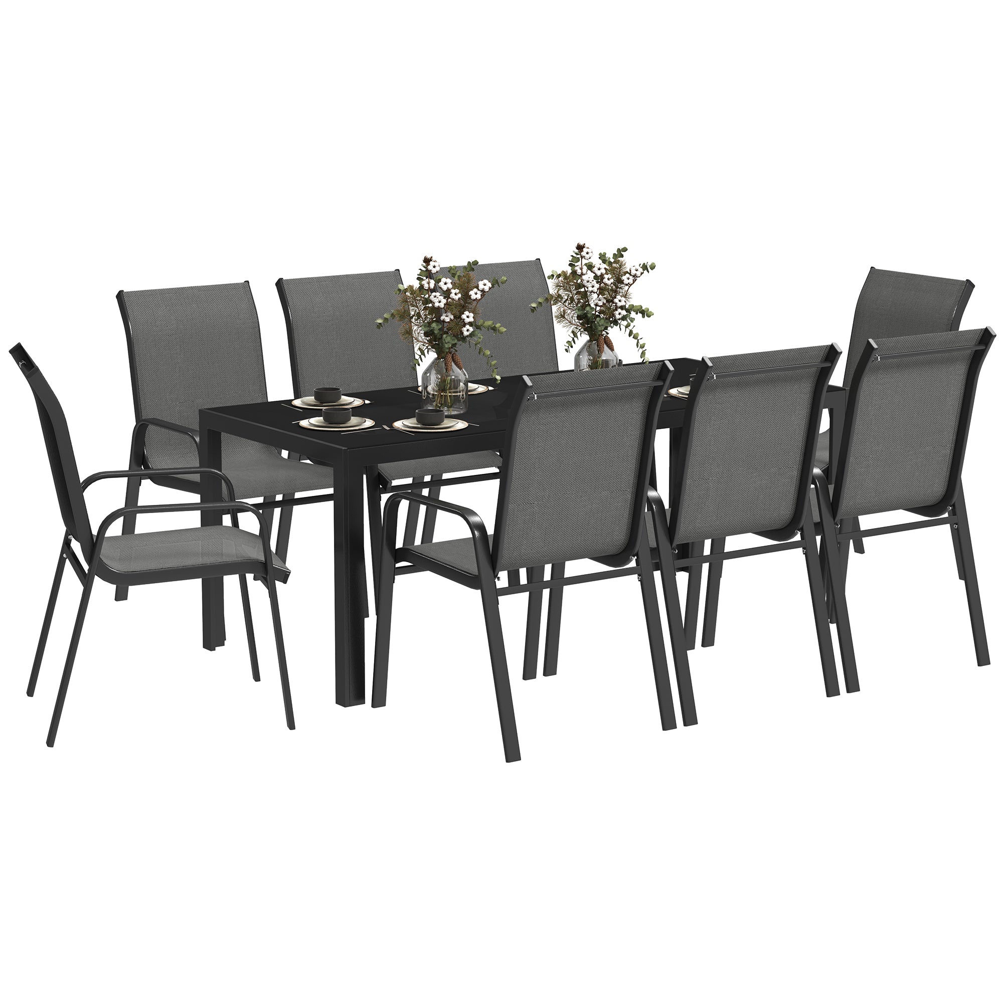 9 Pieces Patio Set with Stackable Chairs, Patio Dining Set with Glass Top for Garden, Patio, Backyard, Grey Outdoor Dining Sets at Gallery Canada