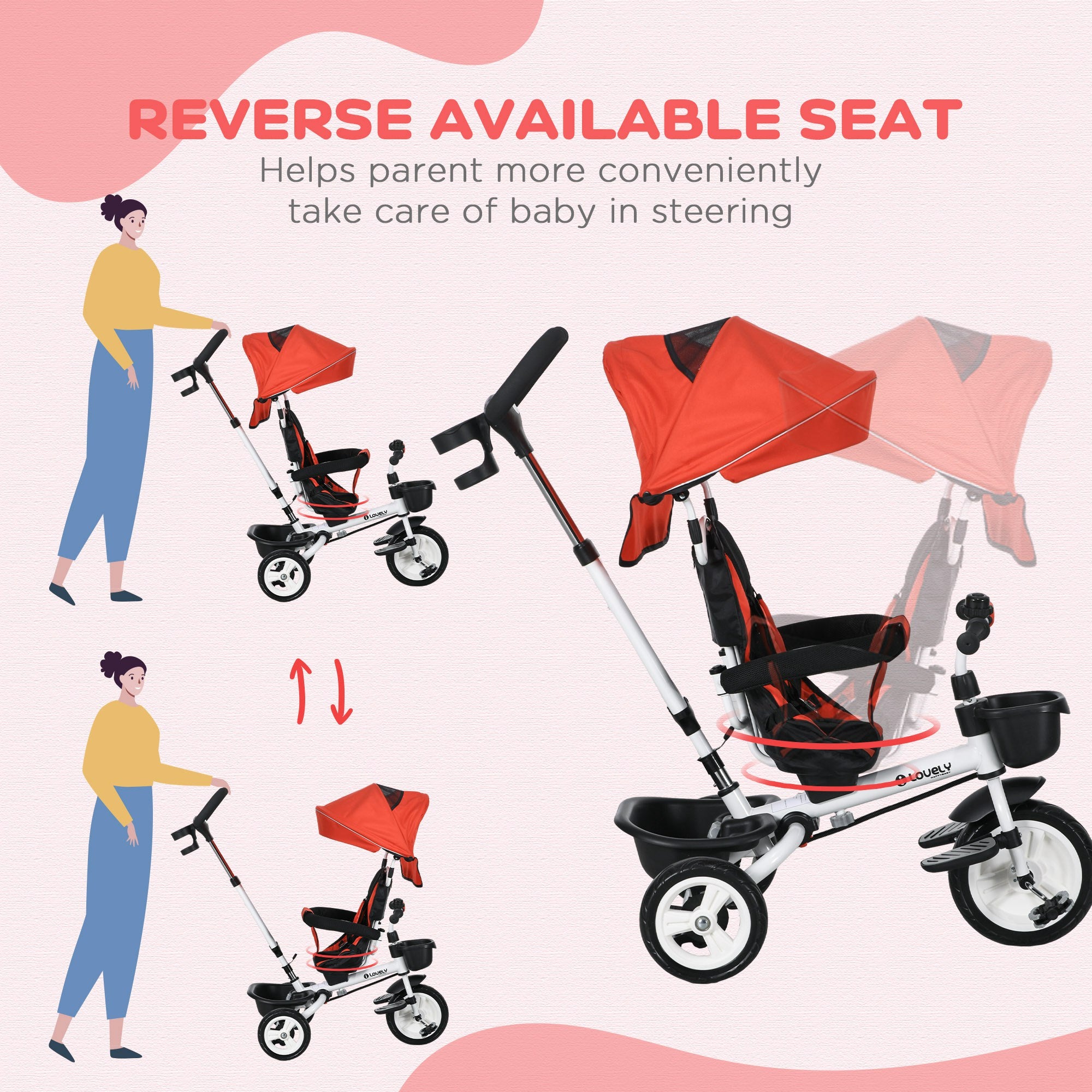 6 in 1 Toddler Tricycle with Parent Push Handle, Canopy, Storage Baskets, Cupholder, Red Tricycles for Kids at Gallery Canada