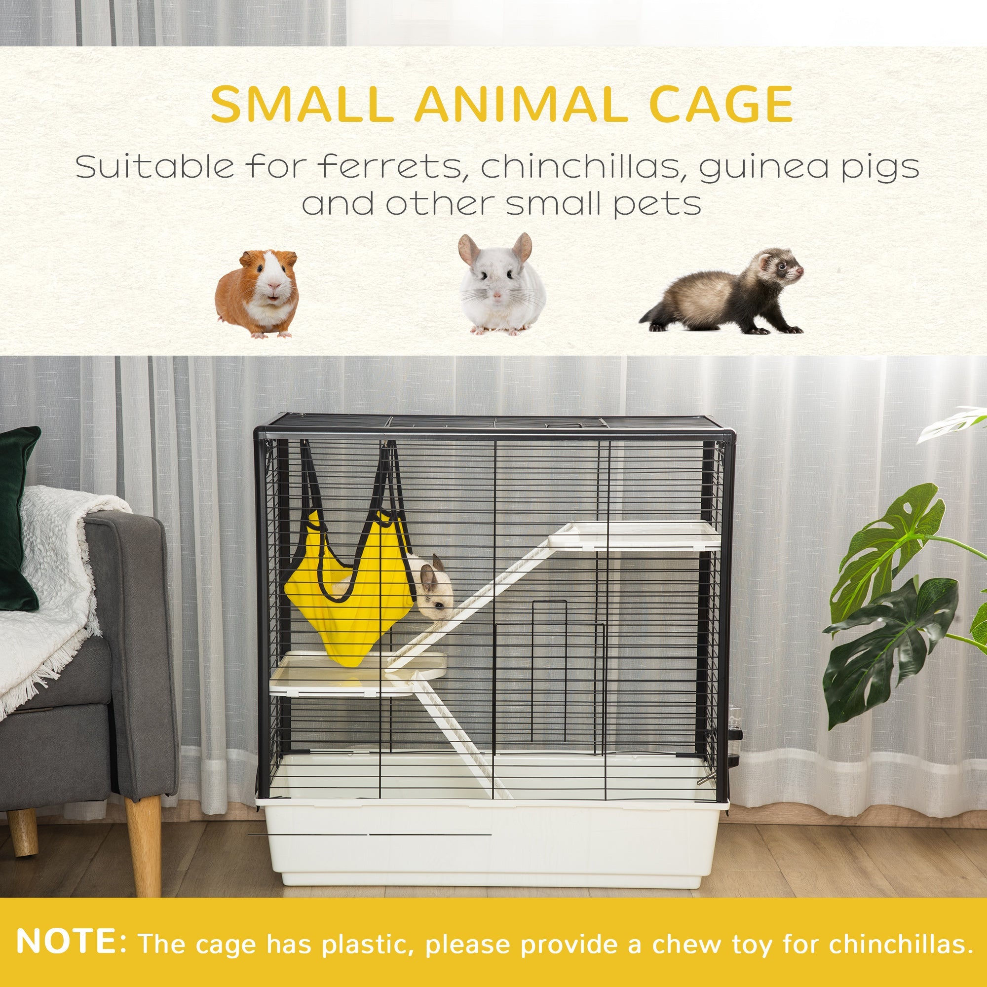 Portable Small Animal Cage with Hammock, Water Bottle, Food Dish, Ramps, 31.5