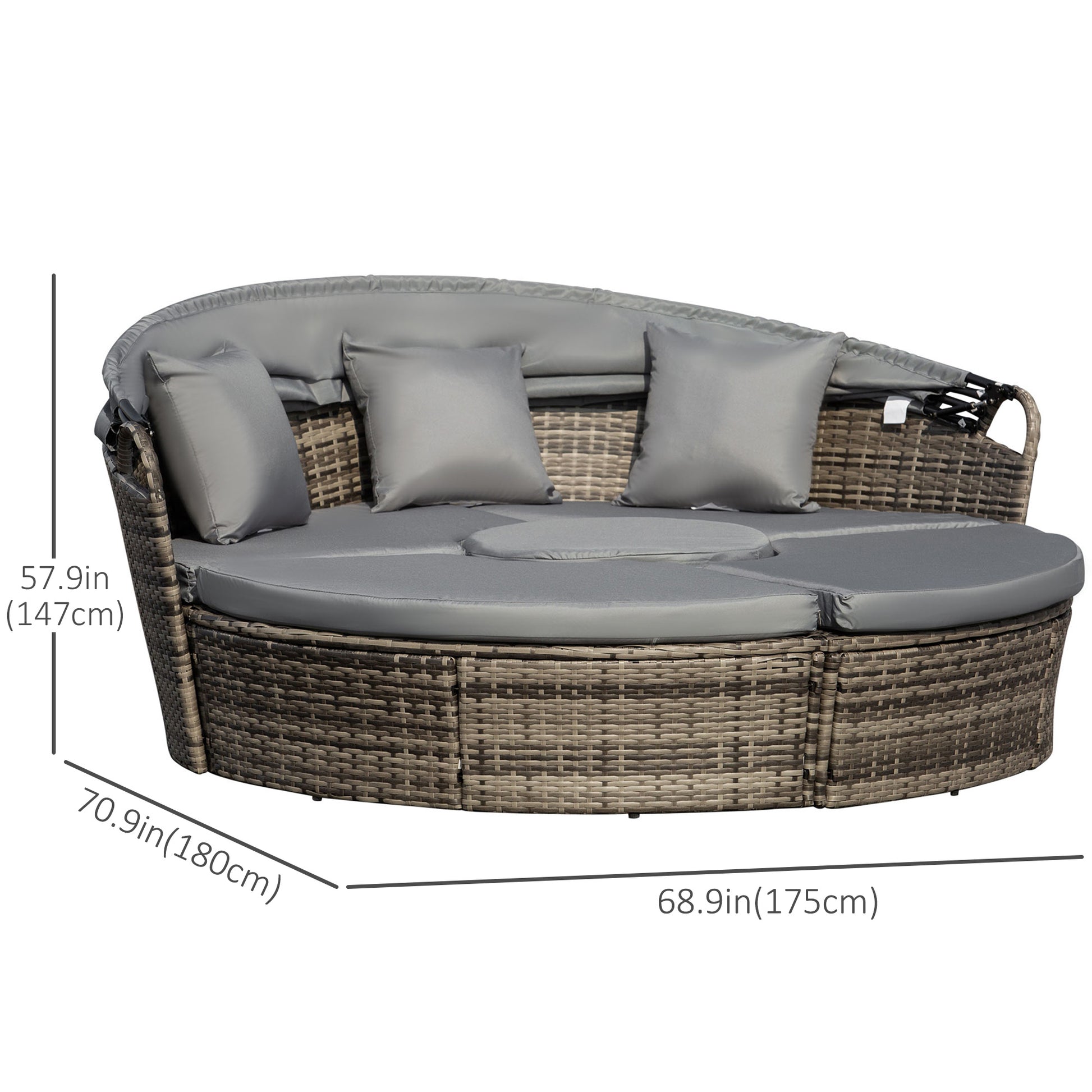 PE Rattan Wicker Outdoor Daybed with Retractable Canopy, Cushions, Grey Daybeds   at Gallery Canada