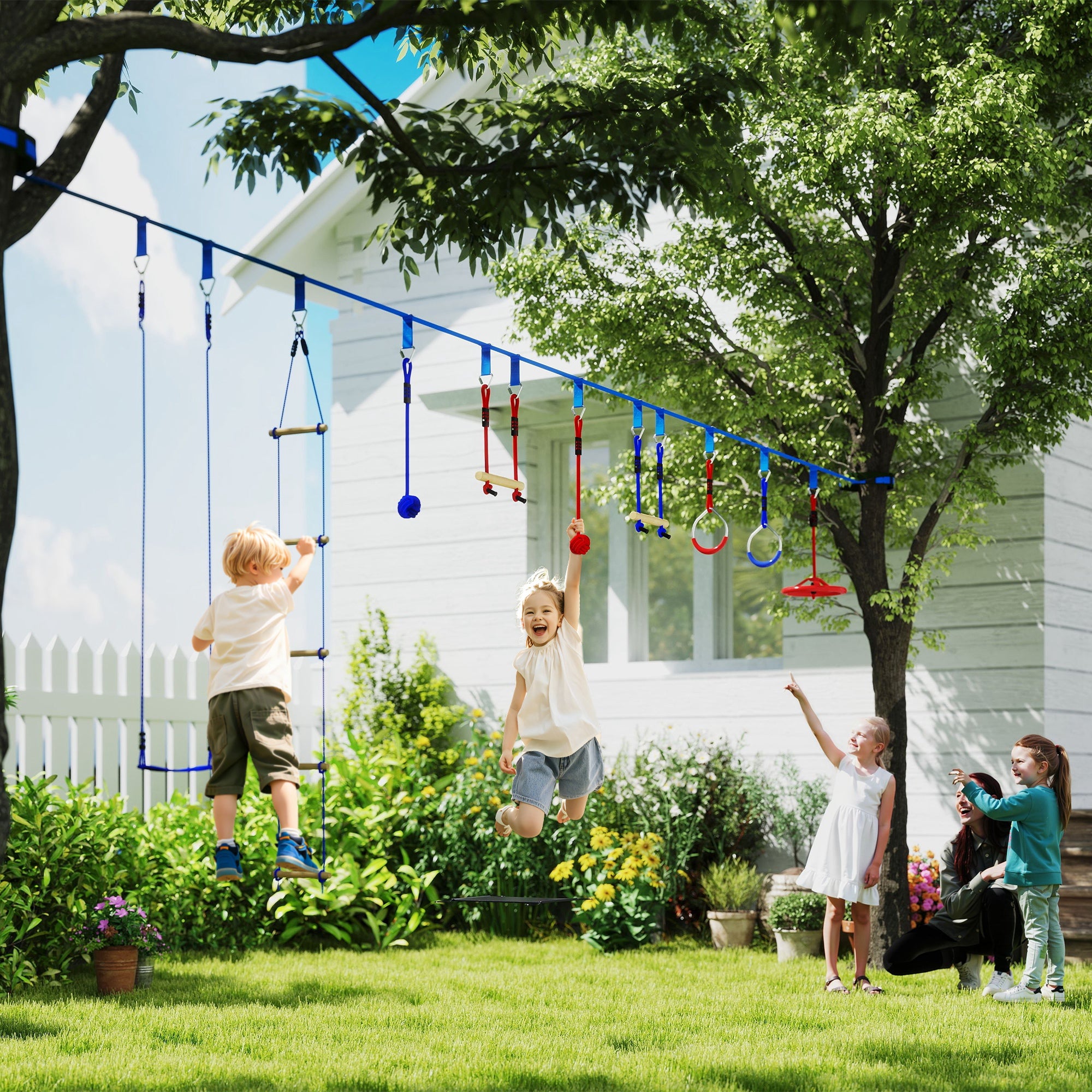 32.8' Ninja Warrior Obstacle Course for Kids 3-6 Years, with Swing, Monkey Bars, Climbing Ladder, Gym Rings, Blue Gym Sets & Swings at Gallery Canada