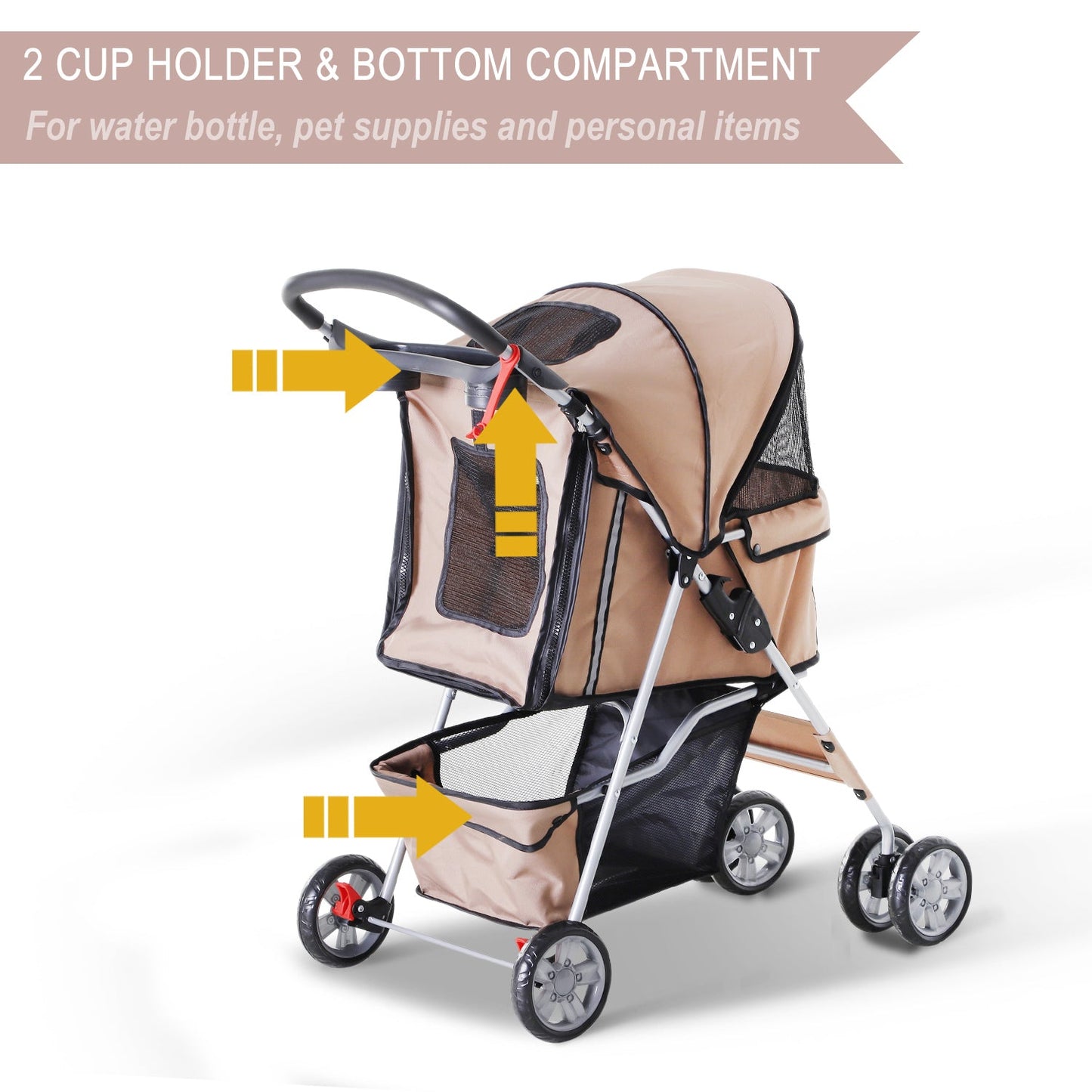 4 Wheel Dog Pet Stroller Dog Cat Carrier Folding Sunshade Canopy with Brake, Brown Dog Bike Trailers & Strollers   at Gallery Canada