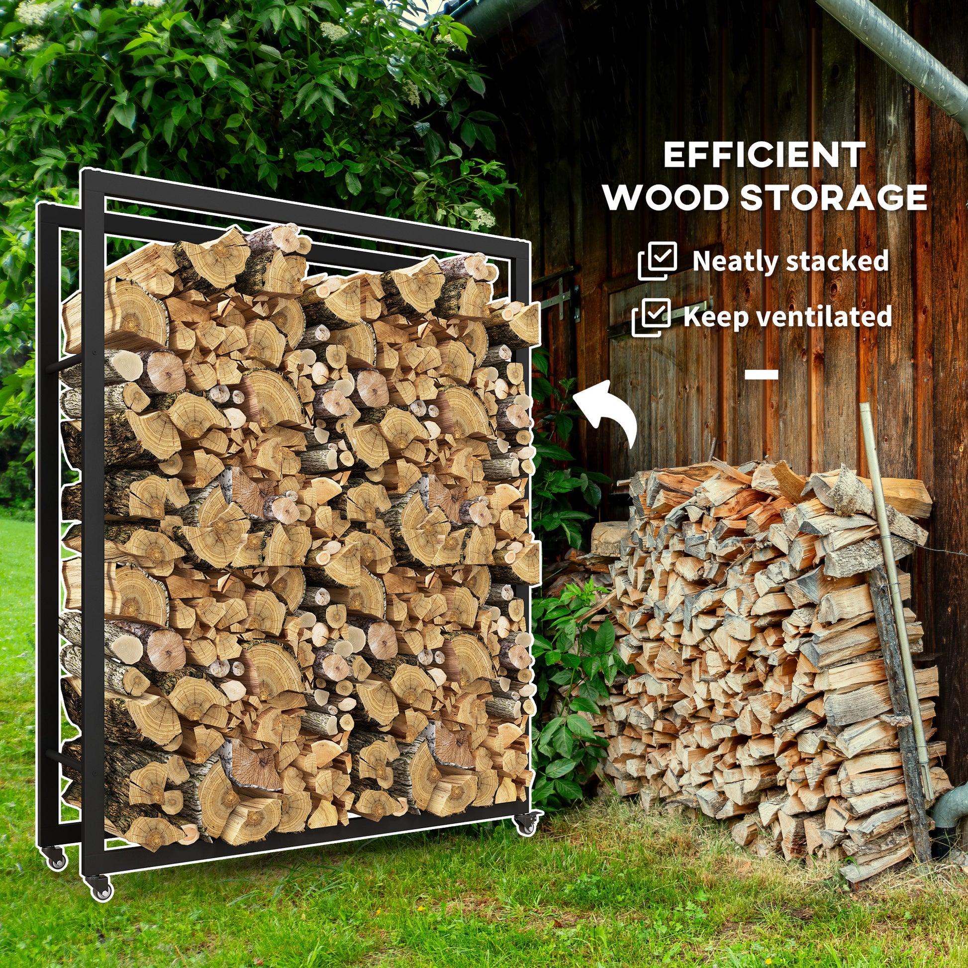 Outdoor Firewood Rack with Wheels Heavy Duty Steel Wood Log Storage Stacker for Fireplace, Black Firewood Racks   at Gallery Canada