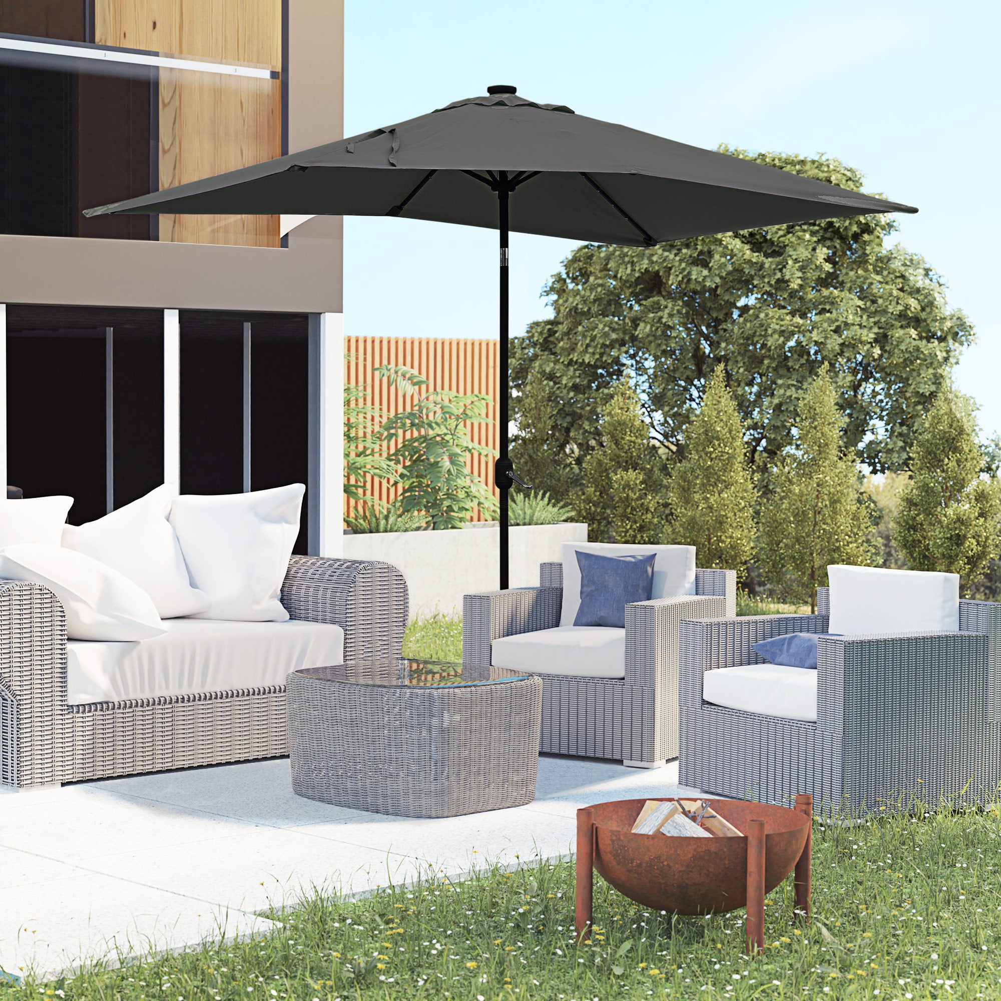 6' x 10' Patio Umbrella with 22 LED Solar Lights and Tilt, Rectangular Outdoor Table Umbrella with Crank, Dark Grey Sun Umbrellas at Gallery Canada