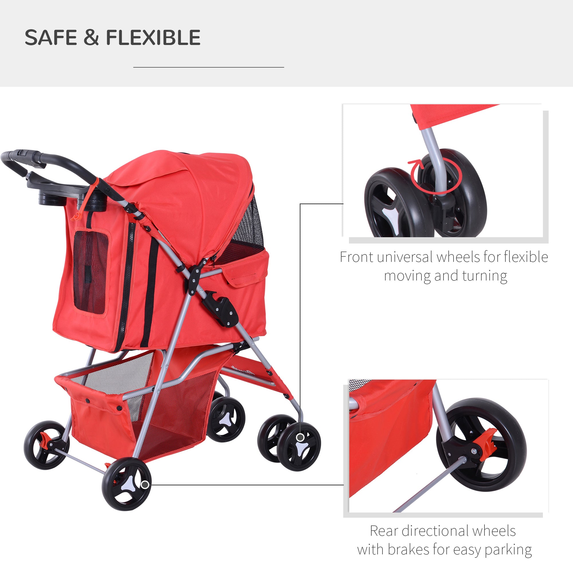 Pet Stroller Foldable Carrier for Cat, Dog and More 4 Wheels Travel Jogger with Cup Holder, Storage Basket, 360 ° swiveling front wheels, Easy Fold, Red Dog Bike Trailers & Strollers at Gallery Canada