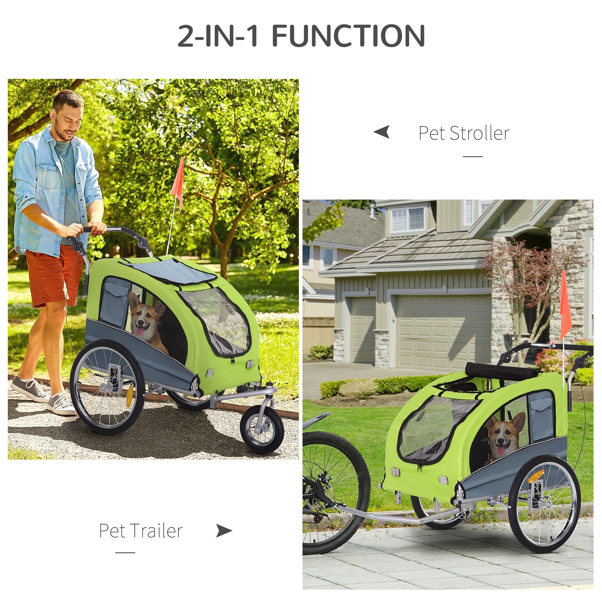 Dog Bike Trailer 2-In-1 w/ Suspension, Hitch, Storage Pockets, Green Dog Bike Trailers & Strollers   at Gallery Canada