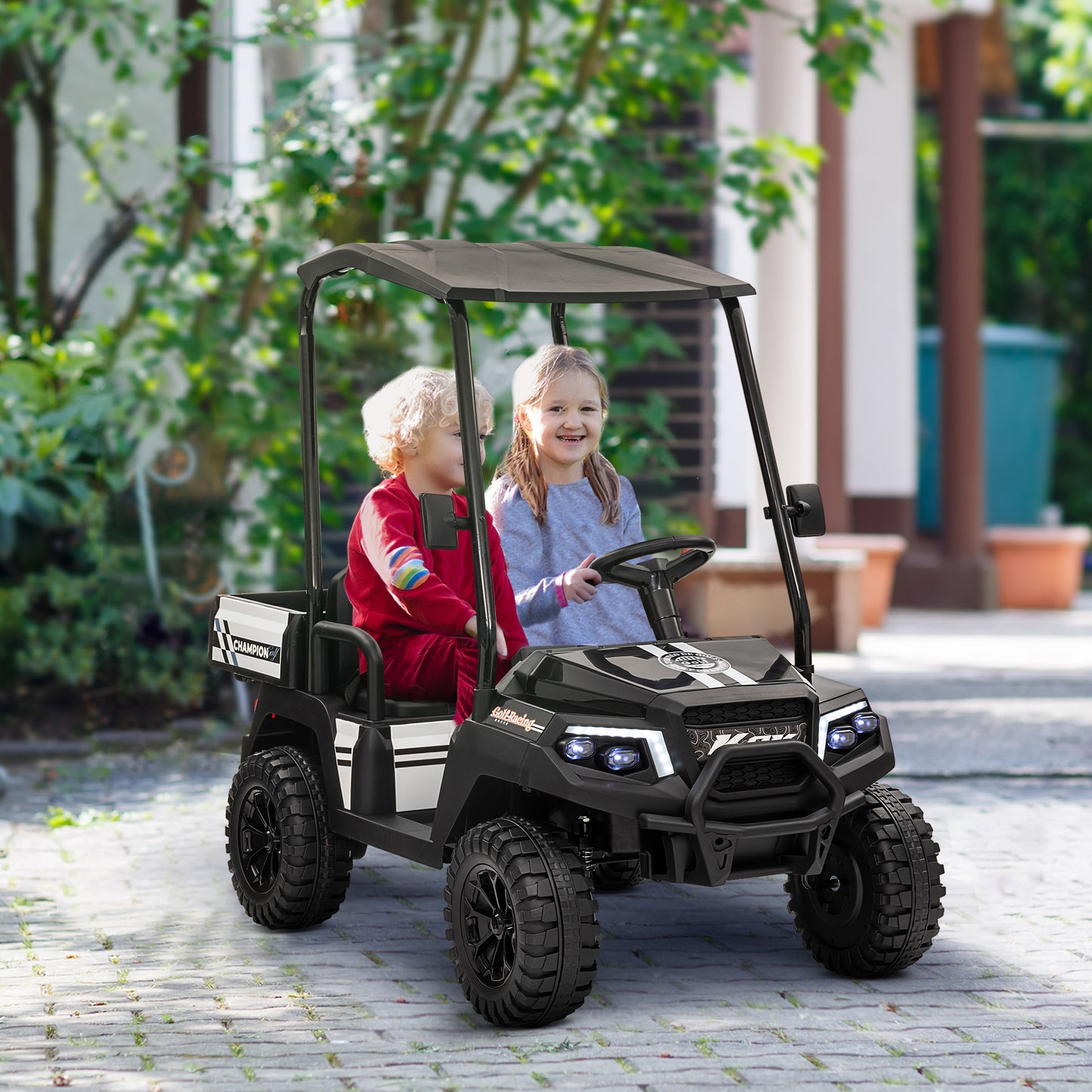 24V 2 Seater Electric Car for Kids w/ Remote Control, 4 Wheels Spring Suspension, Soft Start, Storage, Sunshade, Black Electric Toy Cars at Gallery Canada