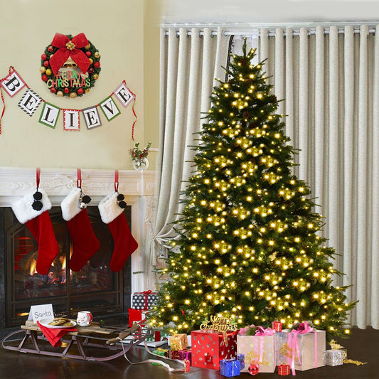 7.5 ft Artificial Christmas Tree with LED Lights and Pine Cones, Green Christmas Tree   at Gallery Canada