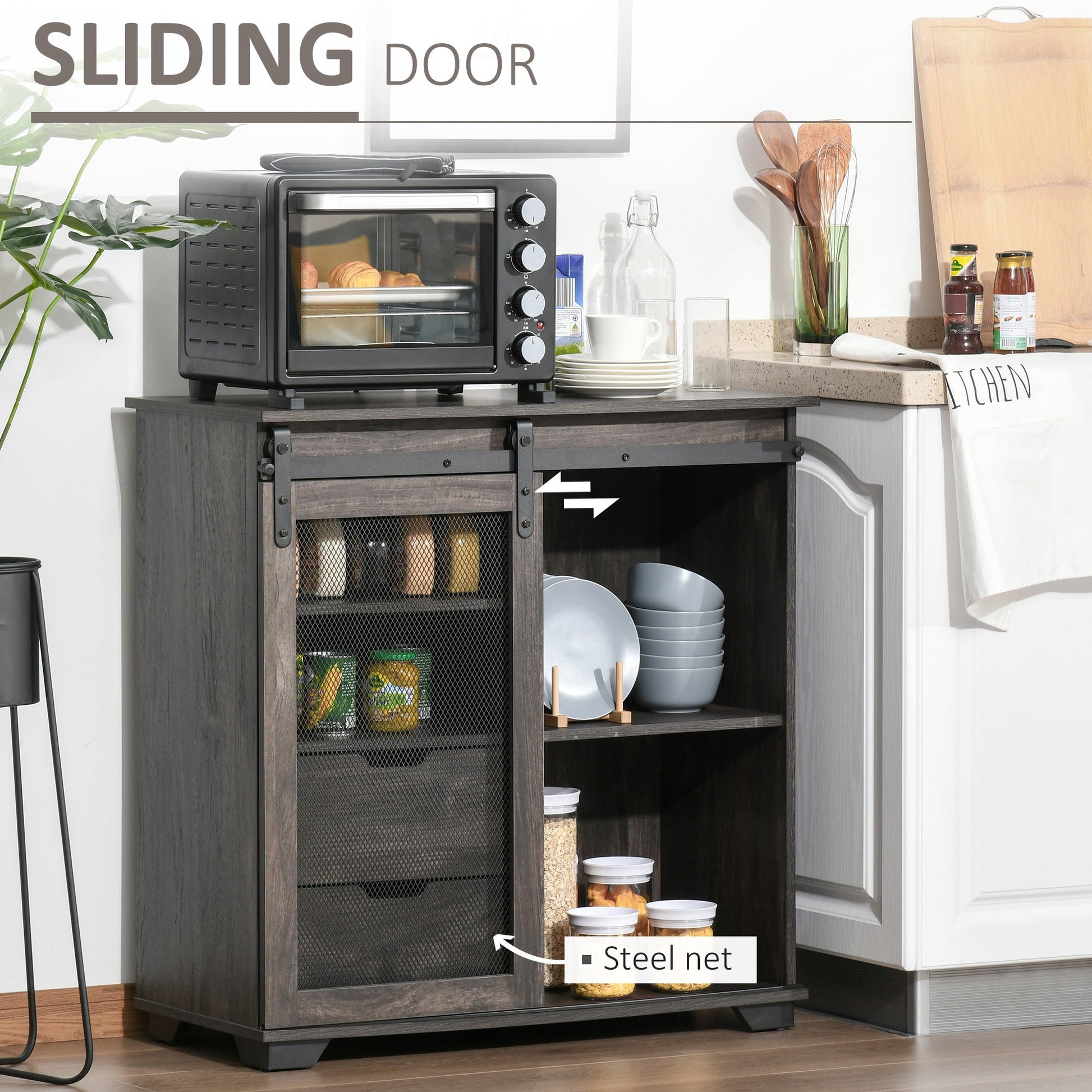 Farmhouse Sideboard Buffet Cabinet with Sliding Door, Drawers, Shelves, Dark Brown Storage Cabinets   at Gallery Canada