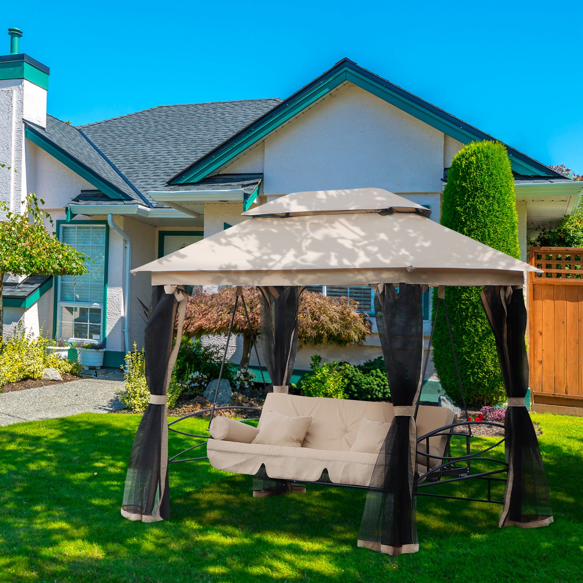 3 Person Outdoor Patio Daybed 3 in 1 Canopy Gazebo Swing Chair Garden Hammock with Mesh Mosquito Net and Sun Shade, Beige Porch Swings with Canopy at Gallery Canada
