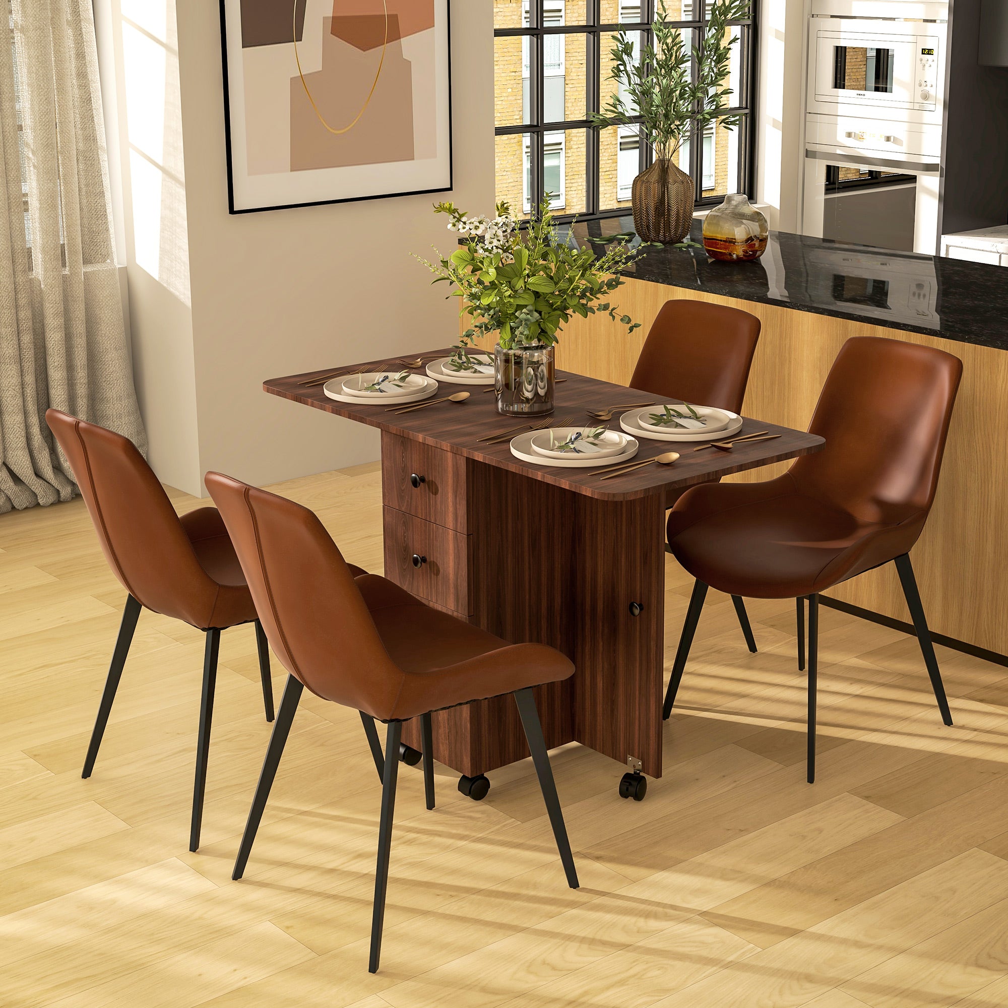 Drop Leaf Dining Table, Mobile Folding Table on Wheels with Drawers and Cabinet for Dining Room, Kitchen, Brown Bar Tables & Dining Tables Brown  at Gallery Canada