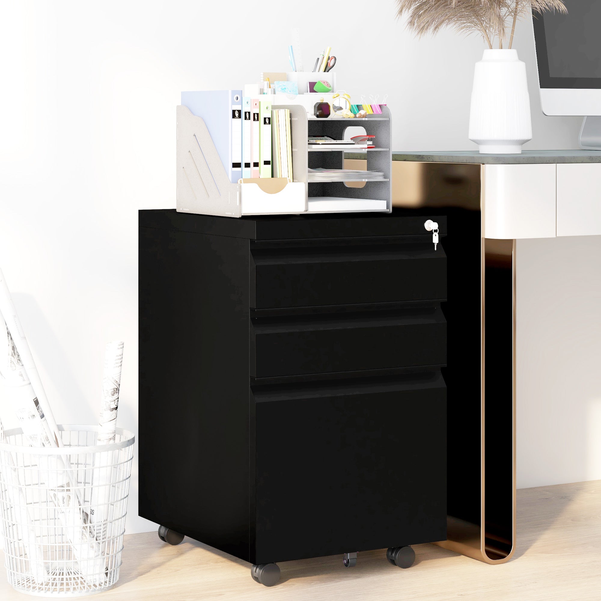 3 Drawer Vertical File Cabinet with Lock, Steel Filing Cabinet with Wheels and Hanging Bar for A4 Legal and Letter Size Files, Printer Stand with Pre-Assembled Body, Black Office Cabinets & Cupboards at Gallery Canada