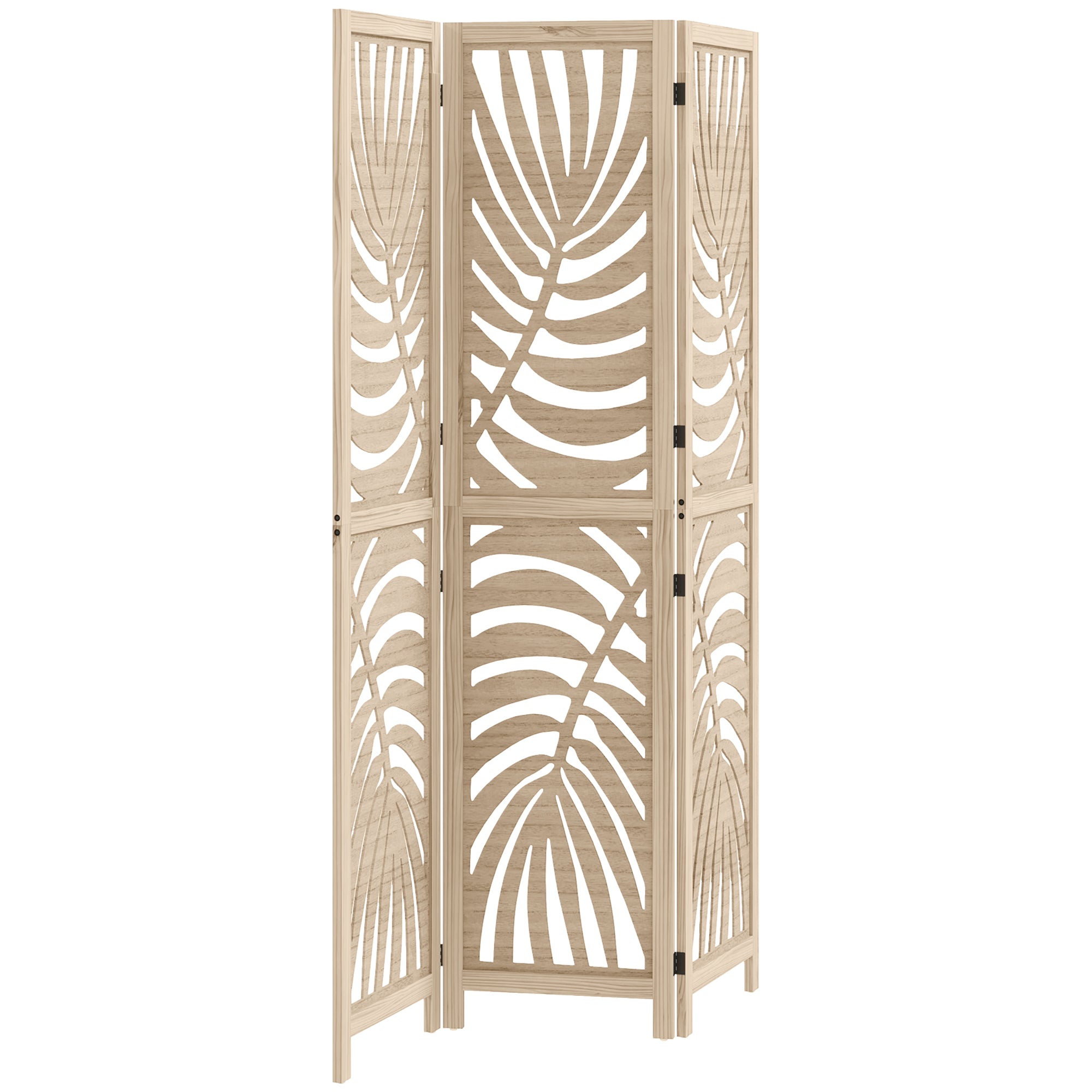3 Panel Room Divider, Detachable Folding Privacy Screens with Palm Leaf Design for Home Office, Natural Wood Finish Room Dividers at Gallery Canada