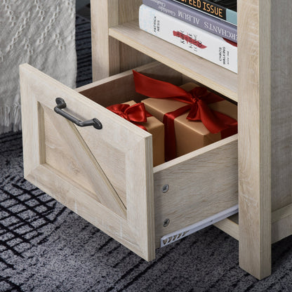 Side Table with Storage, Farmhouse End Table with Drawer, Open Shelf and Barn-style Panel, Accent Table for Living Room, Bedroom, Oak Side Tables   at Gallery Canada