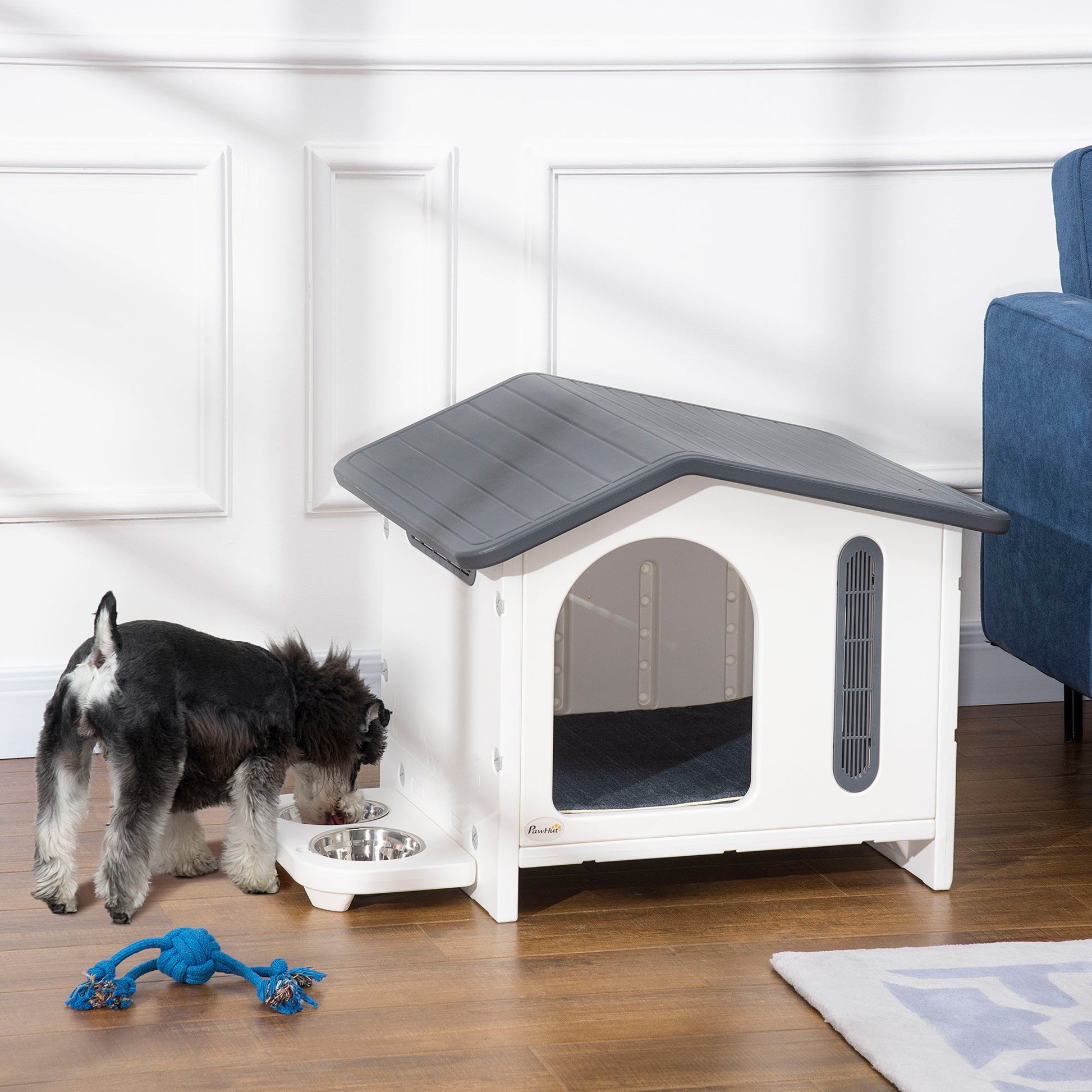 Small Plastic Dog House with Air Vents, Door, Bowls, Cushion - White Houses, Kennels & Pens   at Gallery Canada