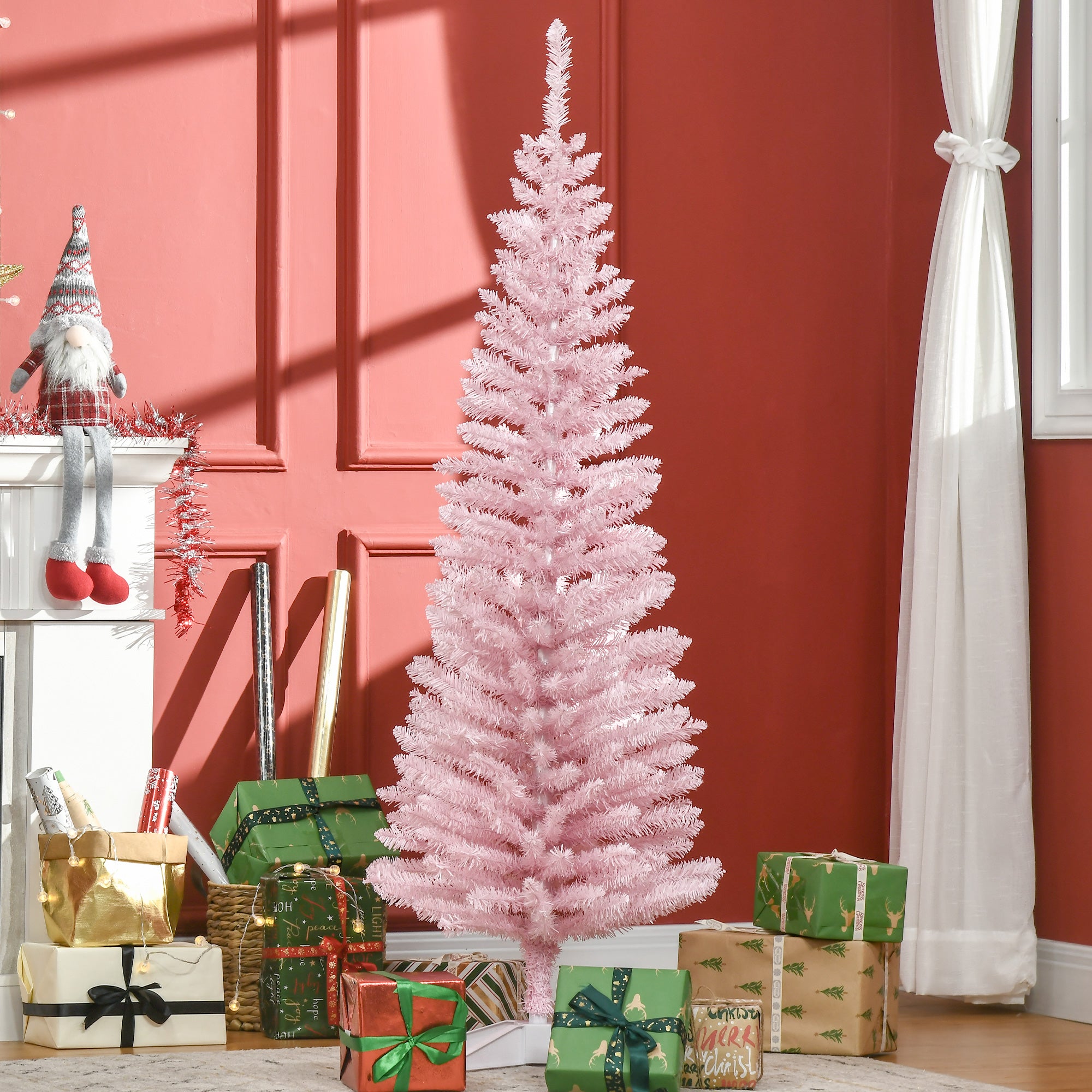 5FT Artificial Christmas Tree, Pencil Christmas Tree with Realistic Branches, Stable Stand, Pink Pencil Christmas Trees Pink  at Gallery Canada