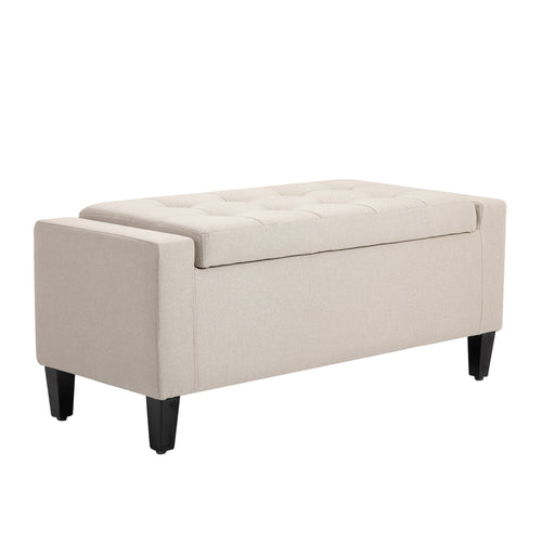 Storage Ottoman Bench Linen-Touch Fabric Tufted Chest Footstool with Flipping Top, Beige