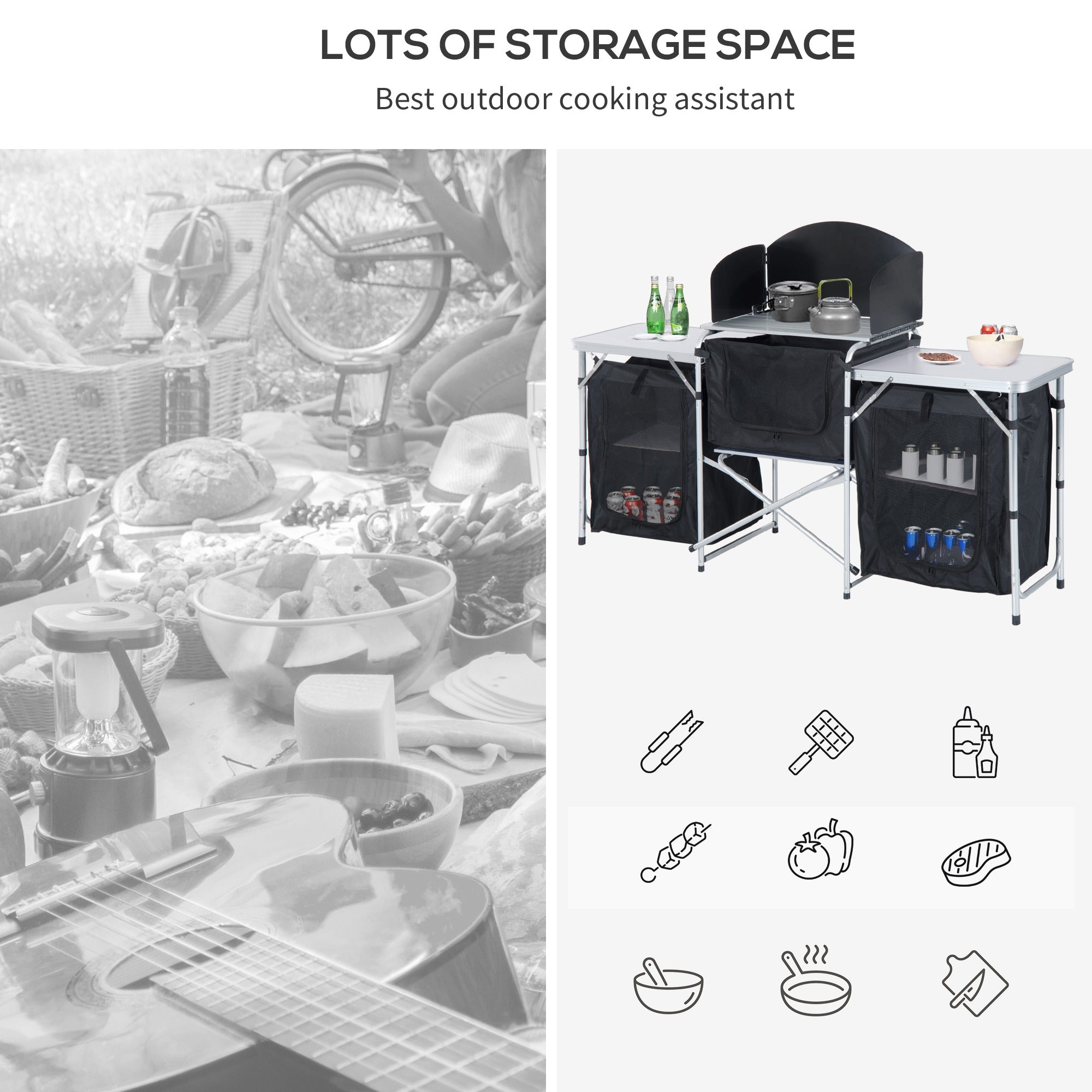 Folding Camping Kitchen Table with Carrying Bag, Windscreen and 3 Enclosed Cupboards, Aluminum Cook Station, Black Picnic Tables & Camping Chairs at Gallery Canada