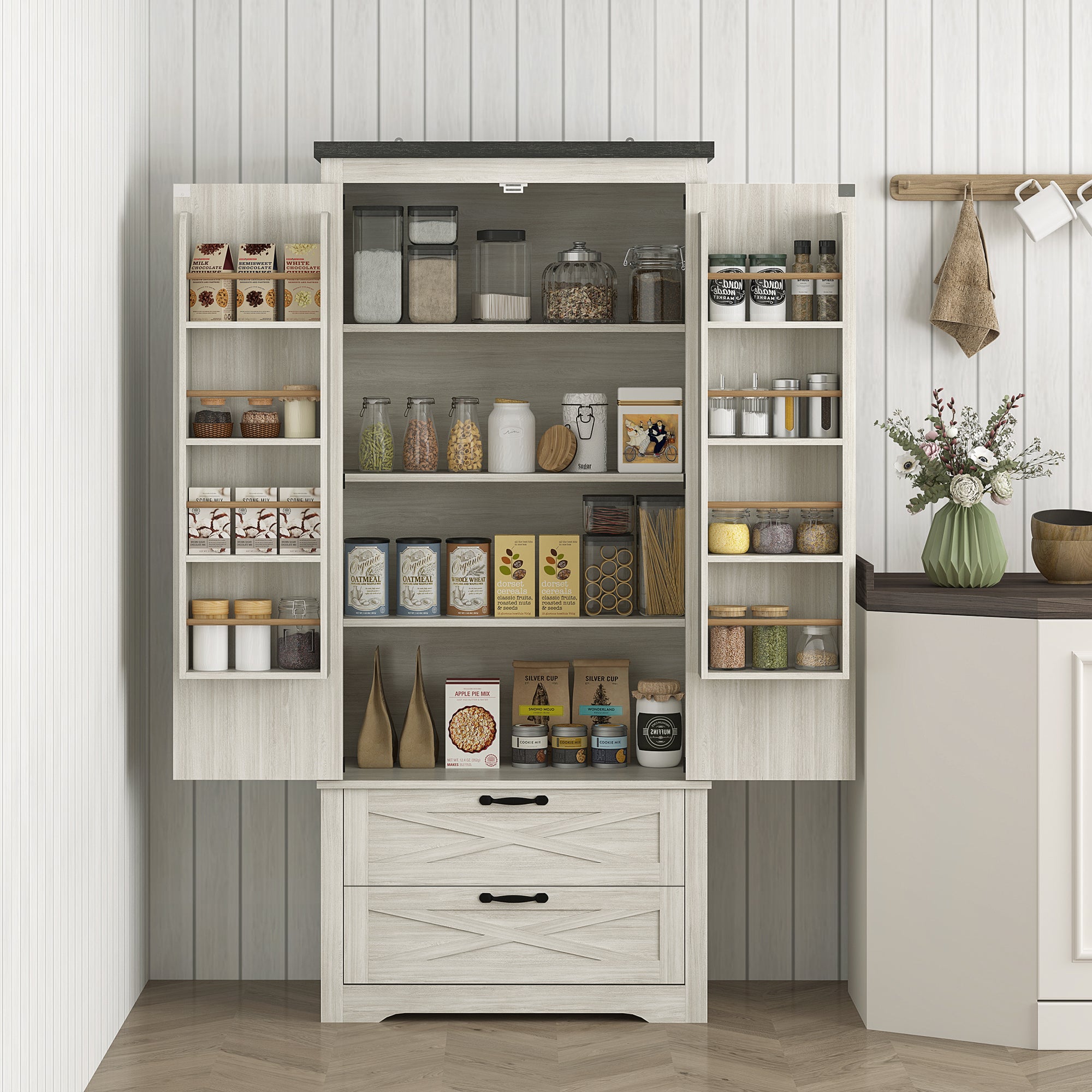 Farmhouse Kitchen Pantry Storage Cabinet, 64