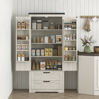 Farmhouse Kitchen Pantry Storage Cabinet, 64" Freestanding Kitchen Pantry Cabinet with Drawers, Distressed White Kitchen Pantry Cabinets Distressed White at Gallery Canada