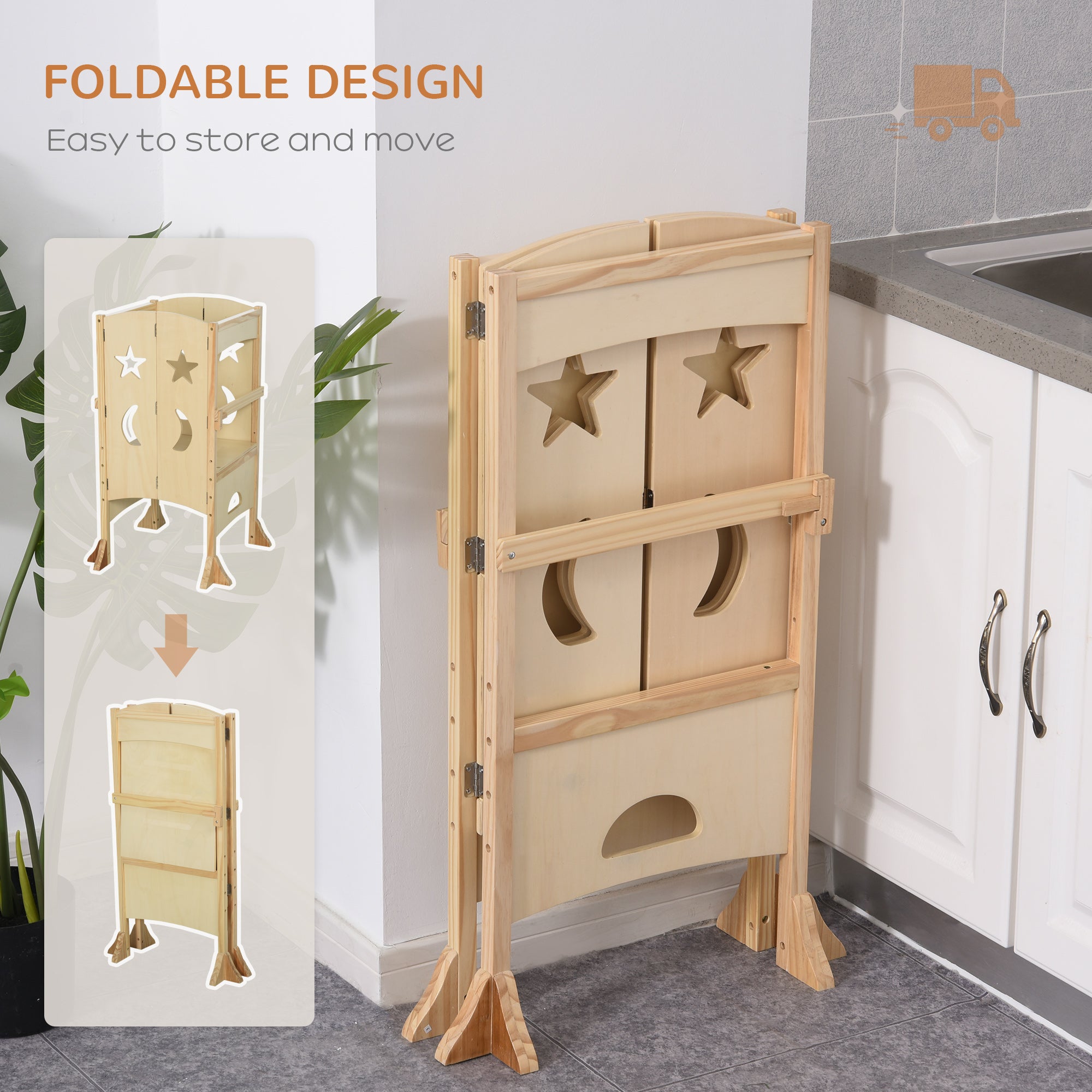 Folding Toddler Tower, Kitchen Helper Step Stool with Support Handles, Safety Rail and Non-Slip Strips, for Kids Washroom Dining Room Learning, Natural Toddler & Kids Step Stools at Gallery Canada