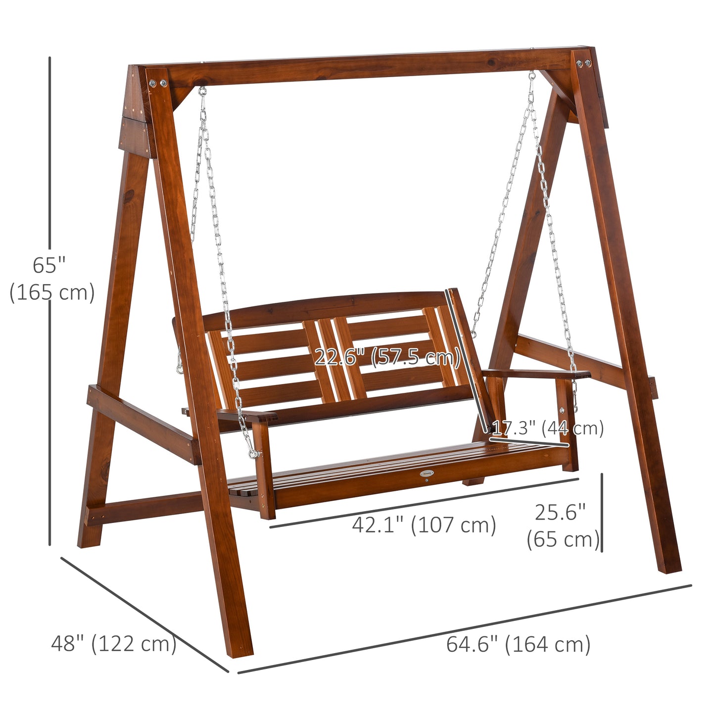 2 Seater Wooden Outdoor Patio Porch Swing with Stand, Wide Backrest, Adjustable Chains, for Garden, Poolside, Backyard Patio Swings with Stand   at Gallery Canada