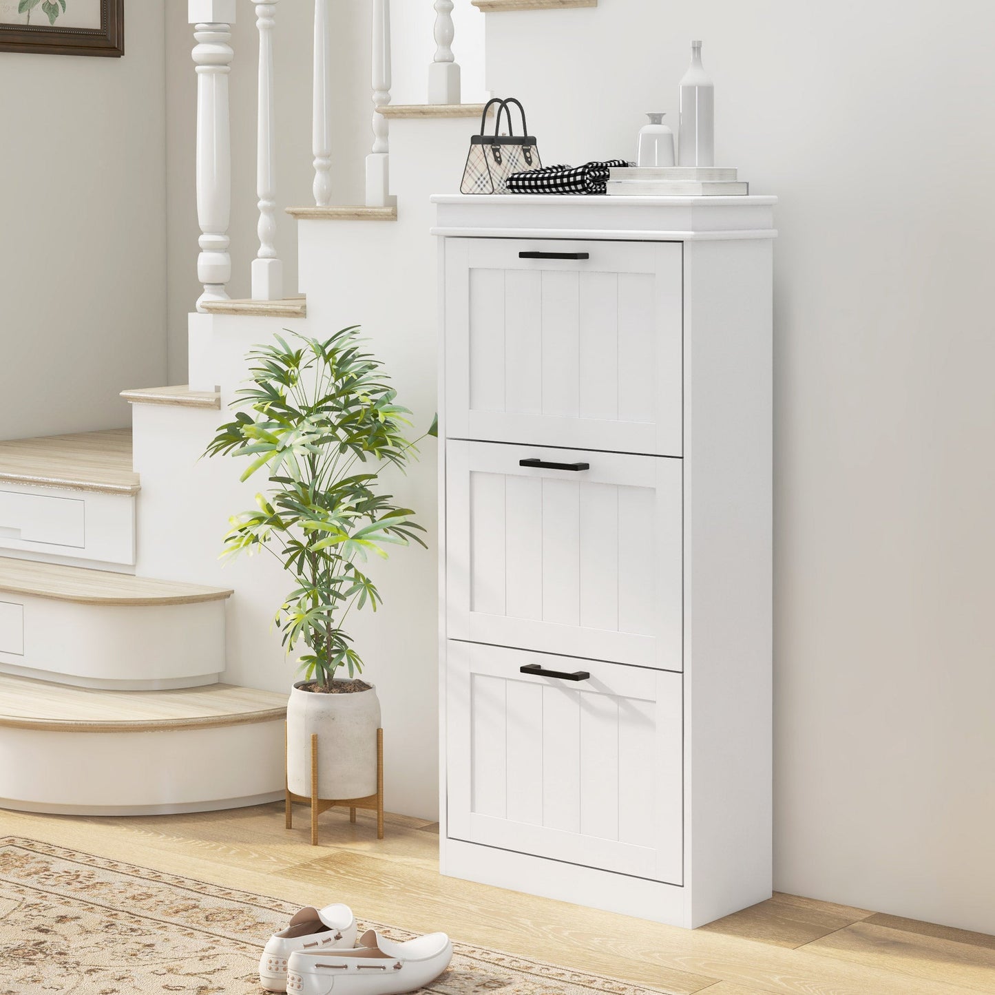 Shoe Storage Cabinet with 3 Flip Drawers and Adjustable Shelves, Narrow Shoe Cabinet for 15 Pairs of Shoes, White Shoe Storage Cabinets & Racks   at Gallery Canada