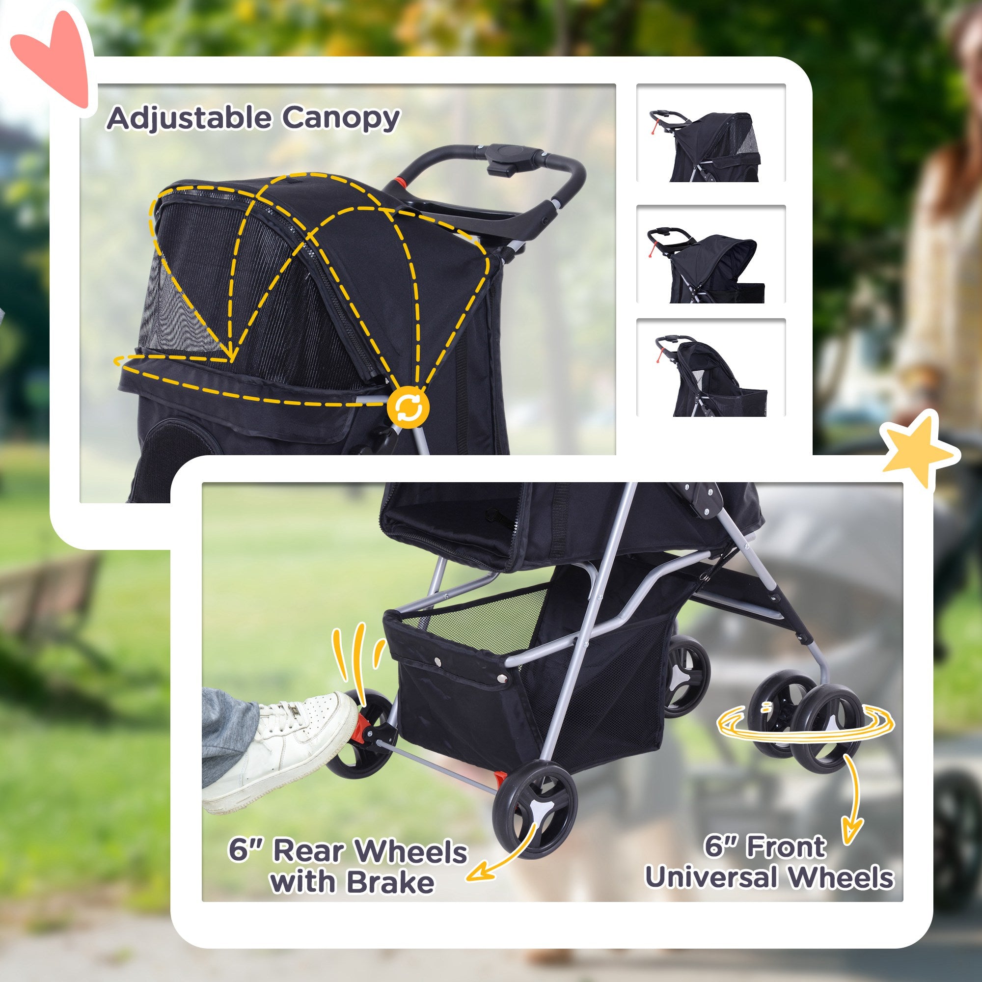 Dog Stroller, Foldable Pet Stroller for XS and Small Dogs and Cats, 4 Wheels Travel Carrier with Cup Holder, Storage Basket, 360° Wwiveling Front Wheels, Black Dog Bike Trailers & Strollers at Gallery Canada