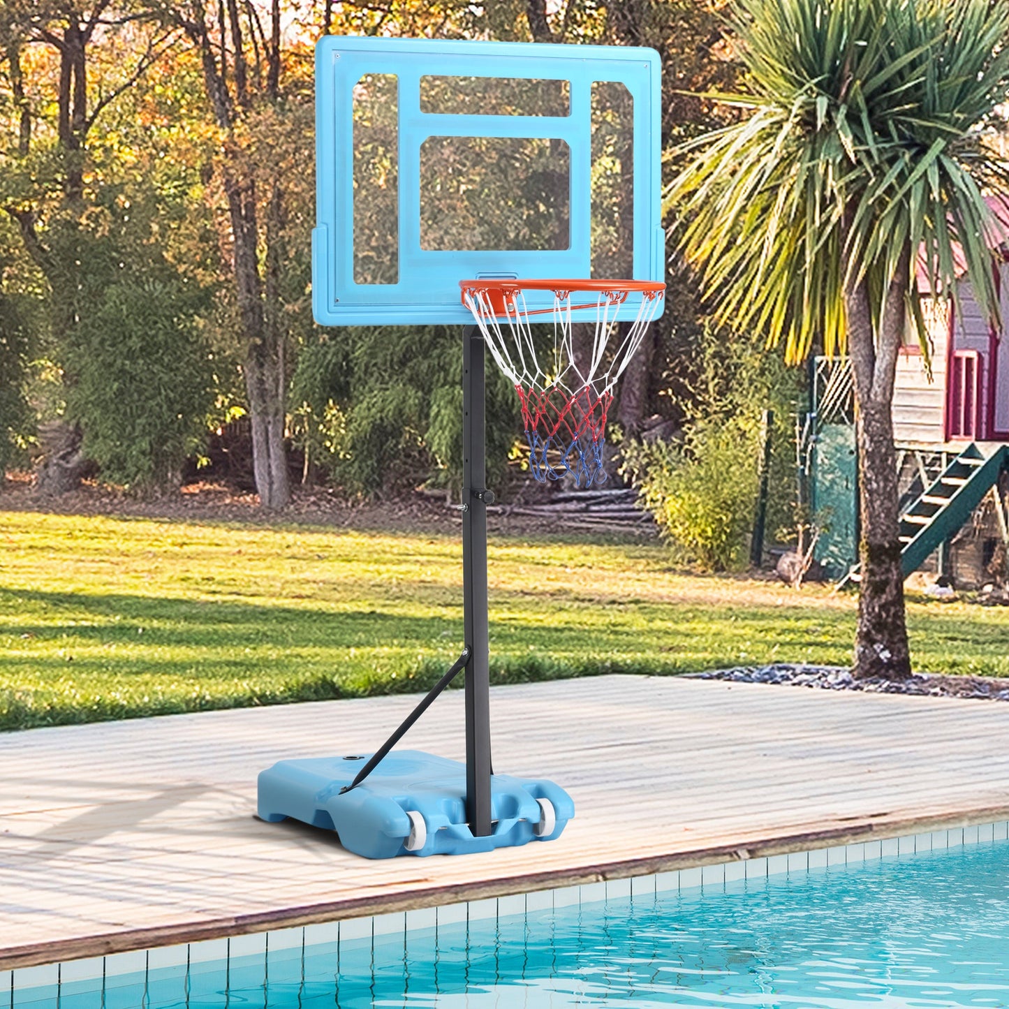 Adjustable Poolside Basketball Hoop Stand with Fillable Base, 36.5"-48.5" Height, Blue Basketball   at Gallery Canada