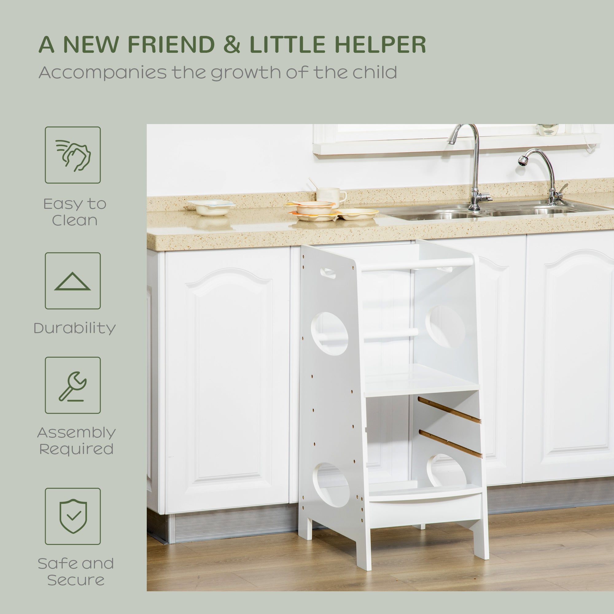 Toddler Tower Kitchen Helper with 3-Level Adjustable Height, Heavy-Duty Kids Step Stool with Safety Rail, White Toddler & Kids Step Stools at Gallery Canada